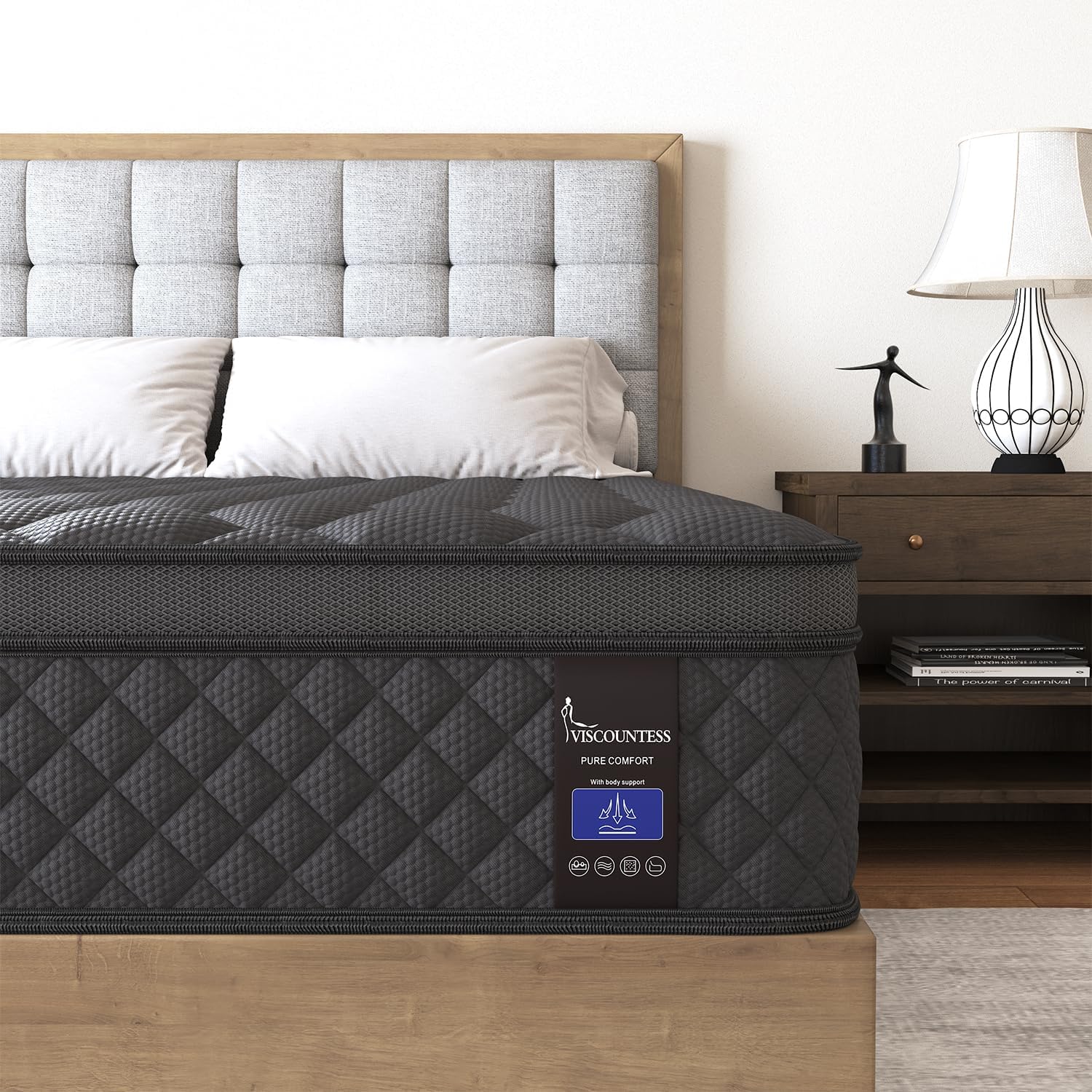 King Mattress 14 Inch,Hybrid Mattresses Euro Top Medium Firm for Back & Lumbar Support, 100 Night Trial, Individual Pocket Spring Bed for Motion Isolation & Pressure Relief Black