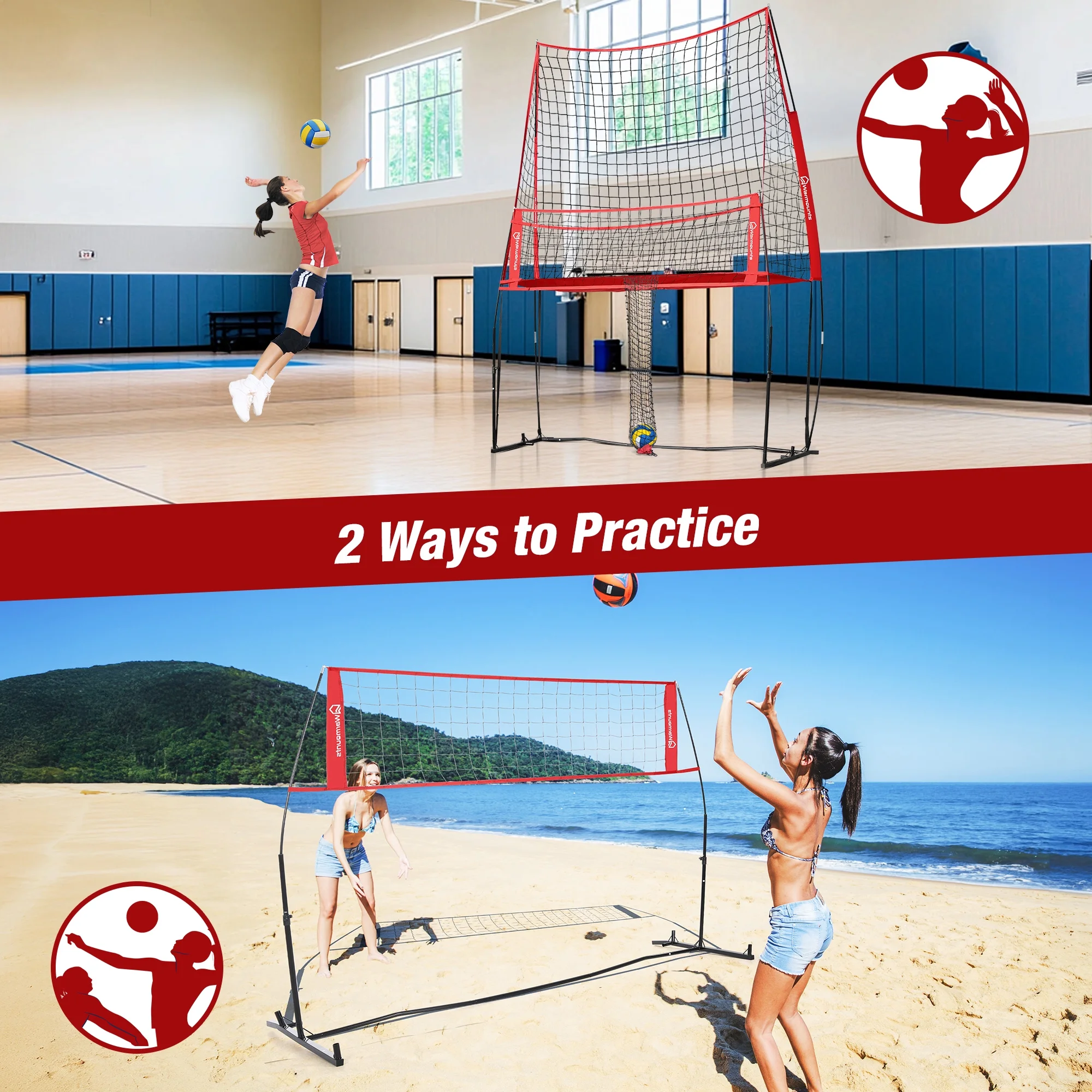 11*8 ft Volleyball Net w/ Ball Return Collection, 2 in 1 Volleyball Training Equipment Adjustable Height, Volleyball Net for Backyard Hitting Serving Passing(Red) - Image 4