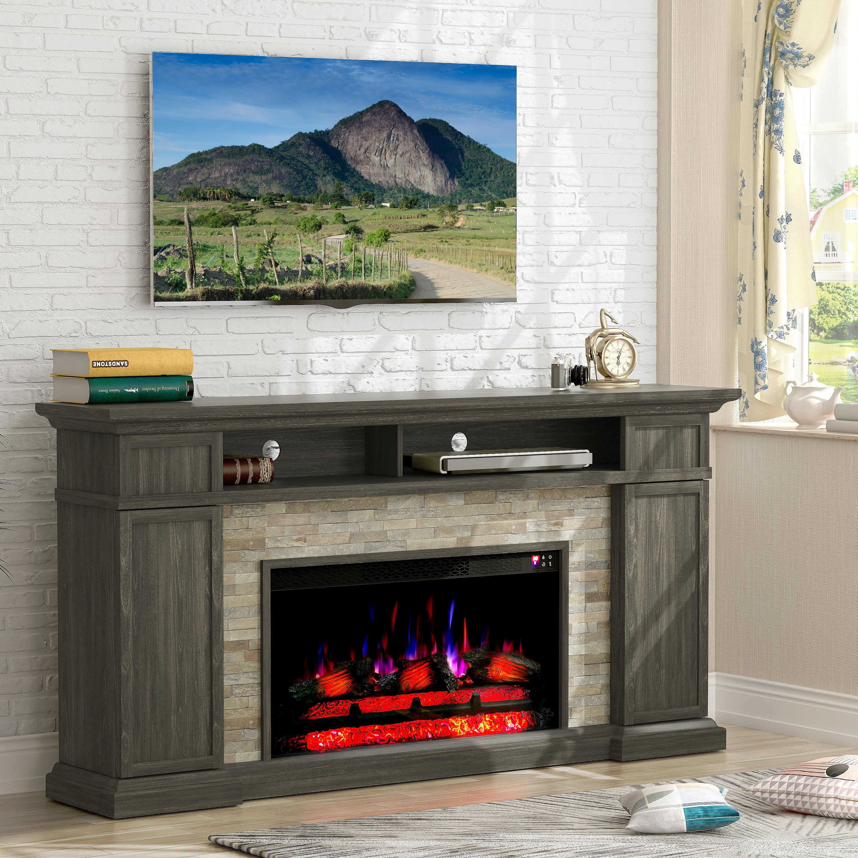 FESTIVO 70" Extra-Wide Freestanding Electric Fireplace - Dark Brown(Dark Brown)