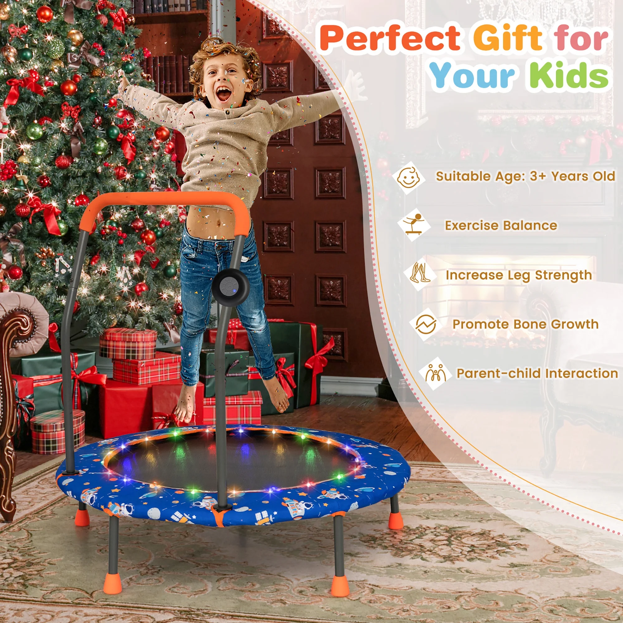 36'' Mini Toddler Trampoline w/ LED Bluetooth Speaker Detachable Handle Kids Gifts Blue - Image 5