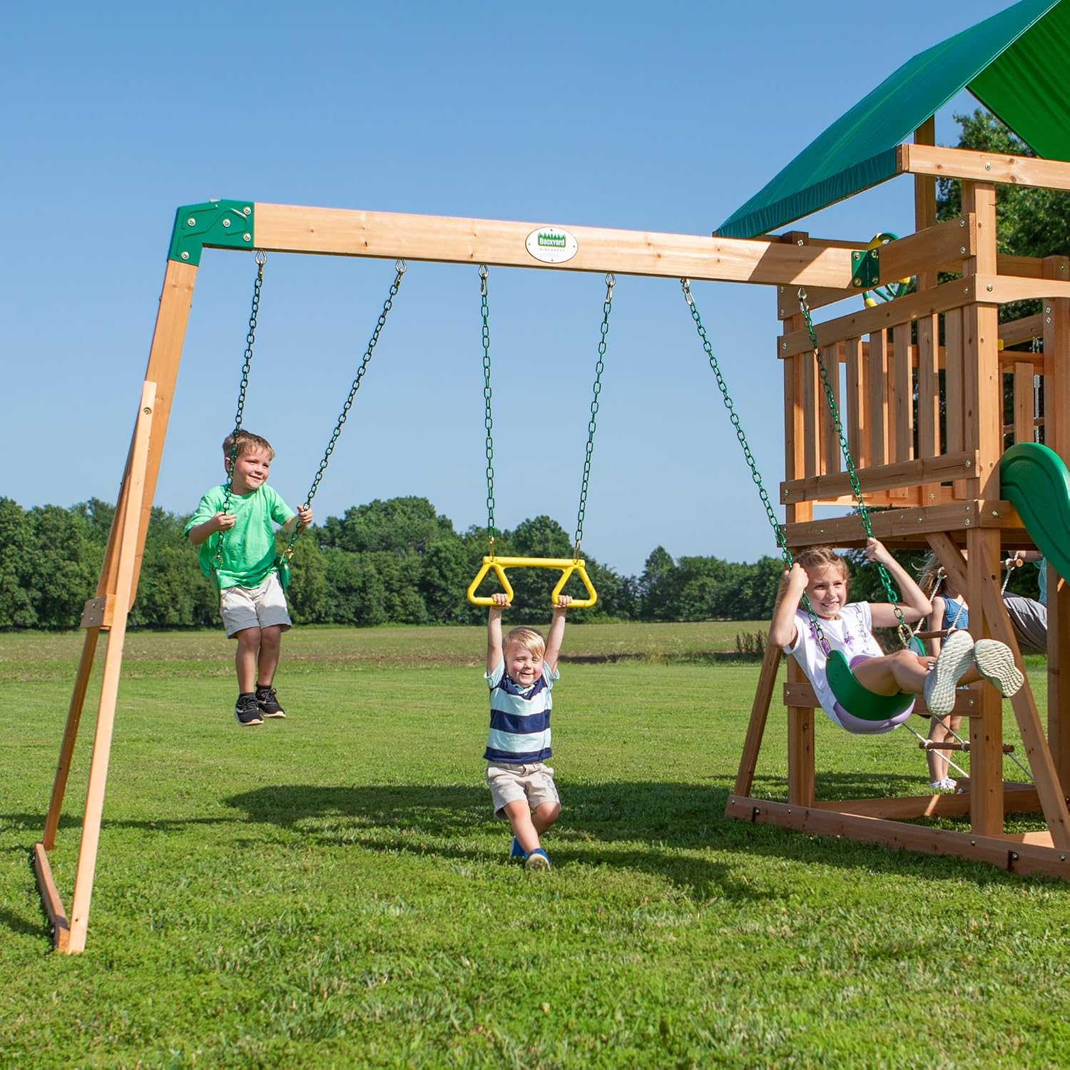Mount Mckinley Cedar Wood Swing Set with Wave Slide, Play Deck, Double Rock Wall, Rope Ladder, Web Swing, Belt Swings, Toy Telescope,…
