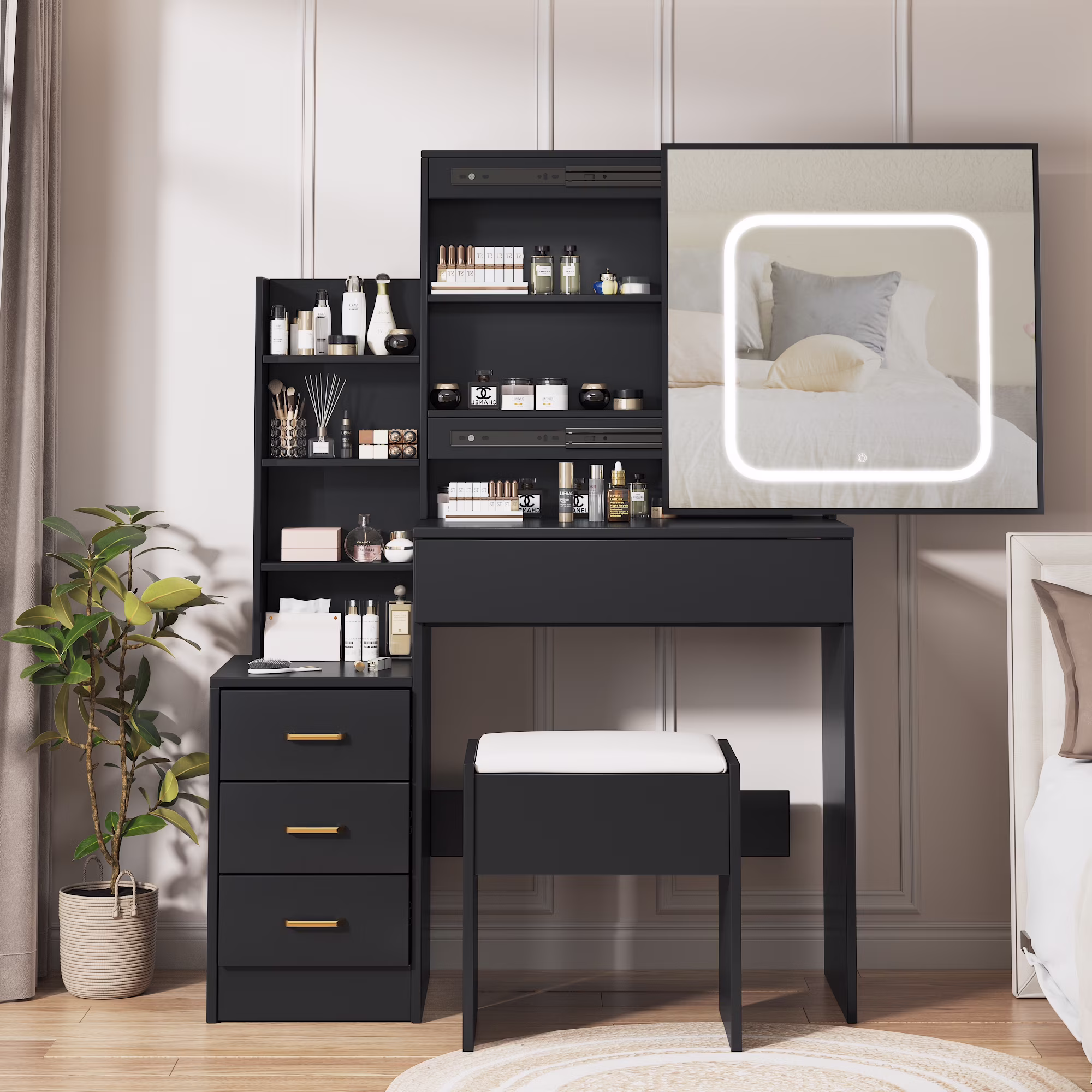 Vanity Desk with Sliding Mirror and Lights, Makeup Vanity Set with 4 Drawers, Stool, Power Outlet, Open Shelves, 3 Color Adjustable Lighting Modes, Makeup Dressing Table for Bedroom, White(White) - Image 5