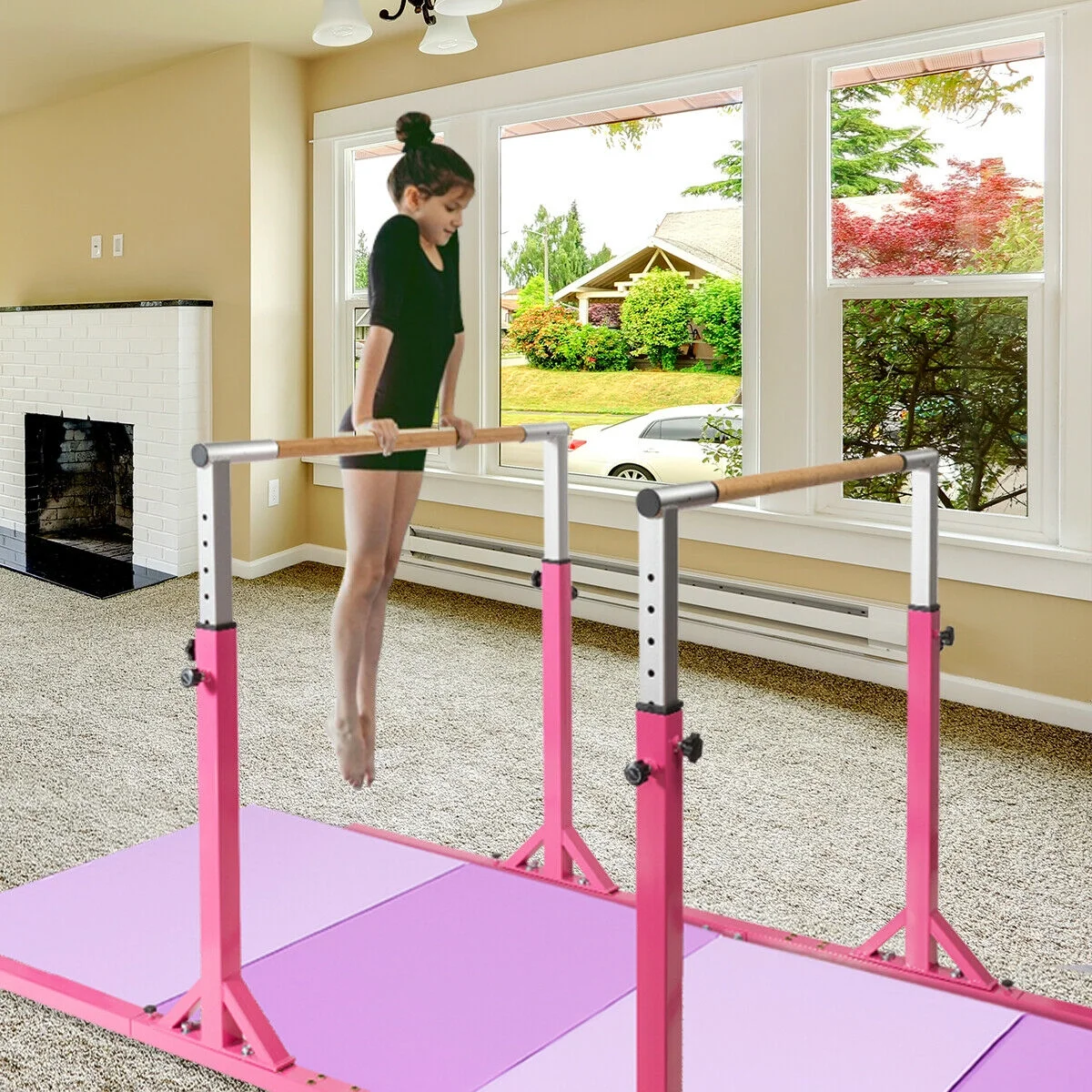 Costway Kids Gymnastics Parallel Bars Double Horizontal Bars Adjustable Width Height