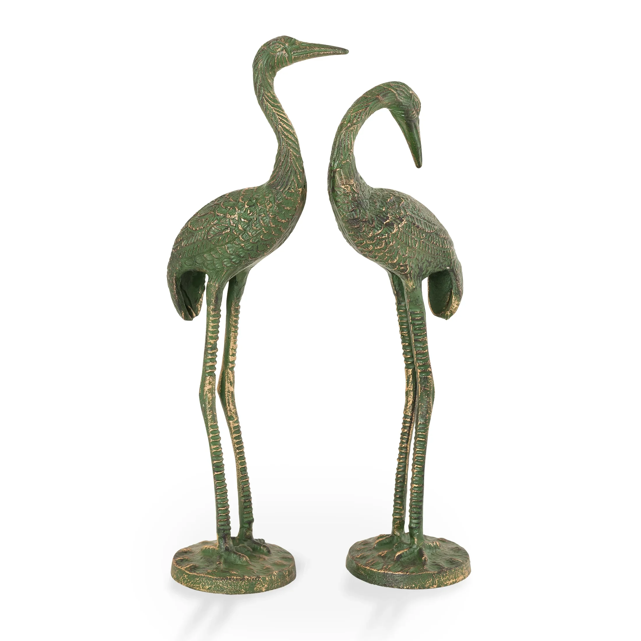 Bashful Crane Pair Antique Verdigris Green Metal Garden Sculpture