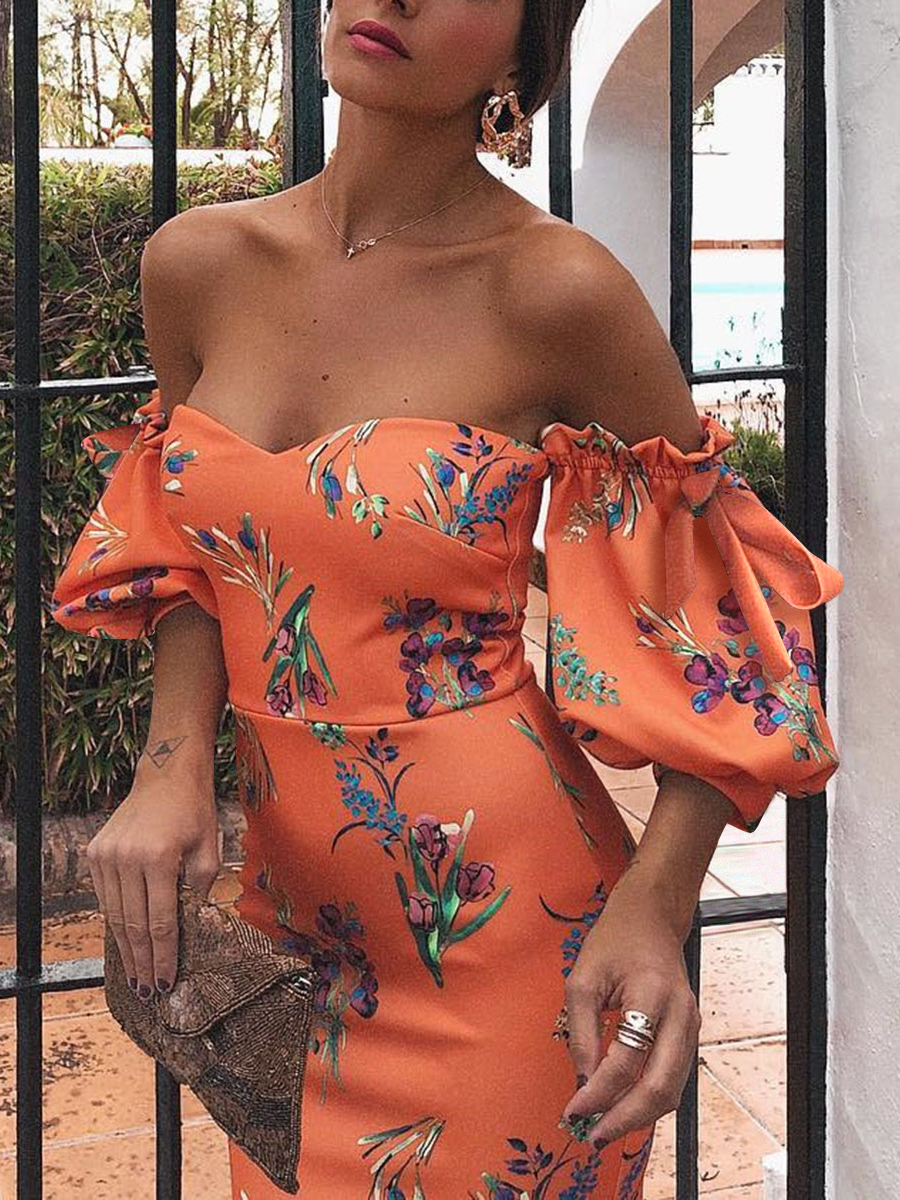 Robe moulante sexy orange et rouge à épaules dénudées et imprimé floral