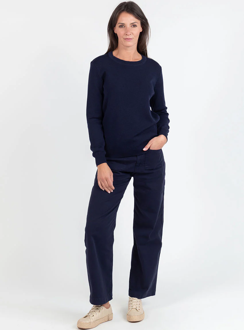 Pull femme en laine mérinos col rond bleu marine