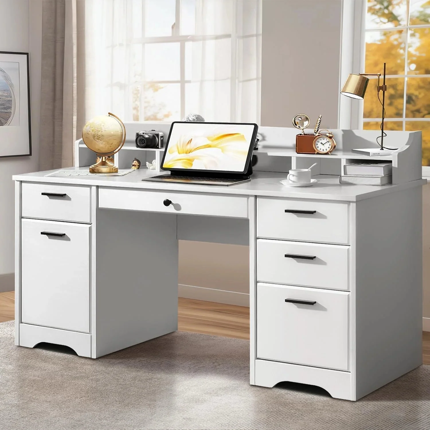 Executive Desk with Drawers, 58 Inch Desk with Storage, Wood Executive Desk with 6 Drawers, Study Desk for Bedroom, Business Furniture Desk…