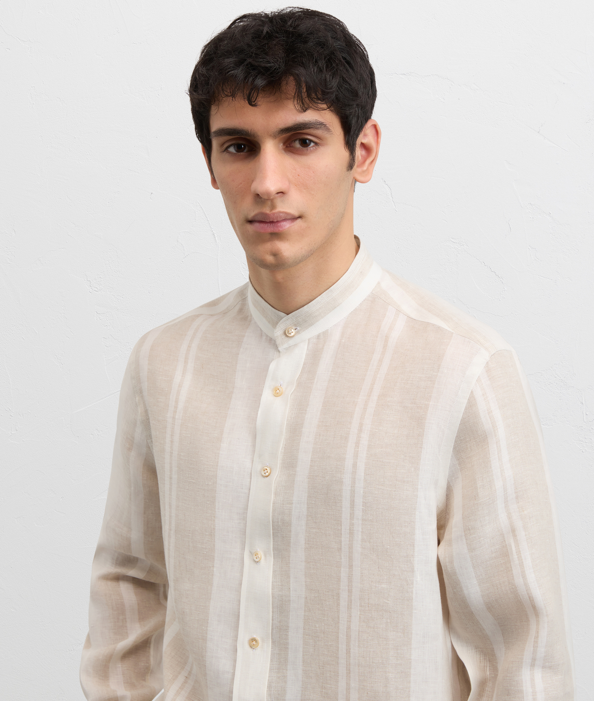 LIGHT BROWN MAXI STRIPED LINEN SHIRT WITH ALESSANDRIA COLLAR