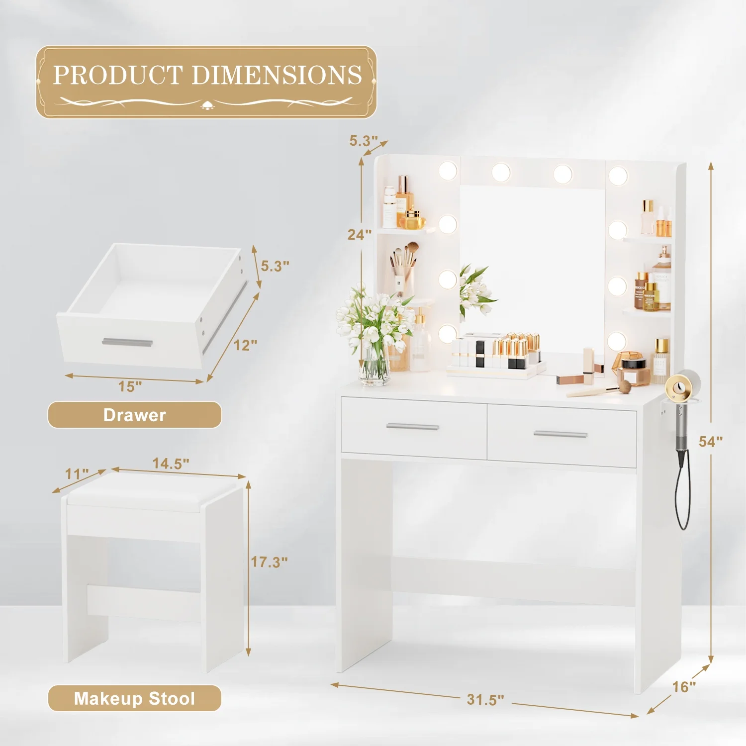 Makeup Vanity Desk with Lighted Mirror Power Outlet, Makeup Vanity with stool,White(White/2 Pack) - Image 9