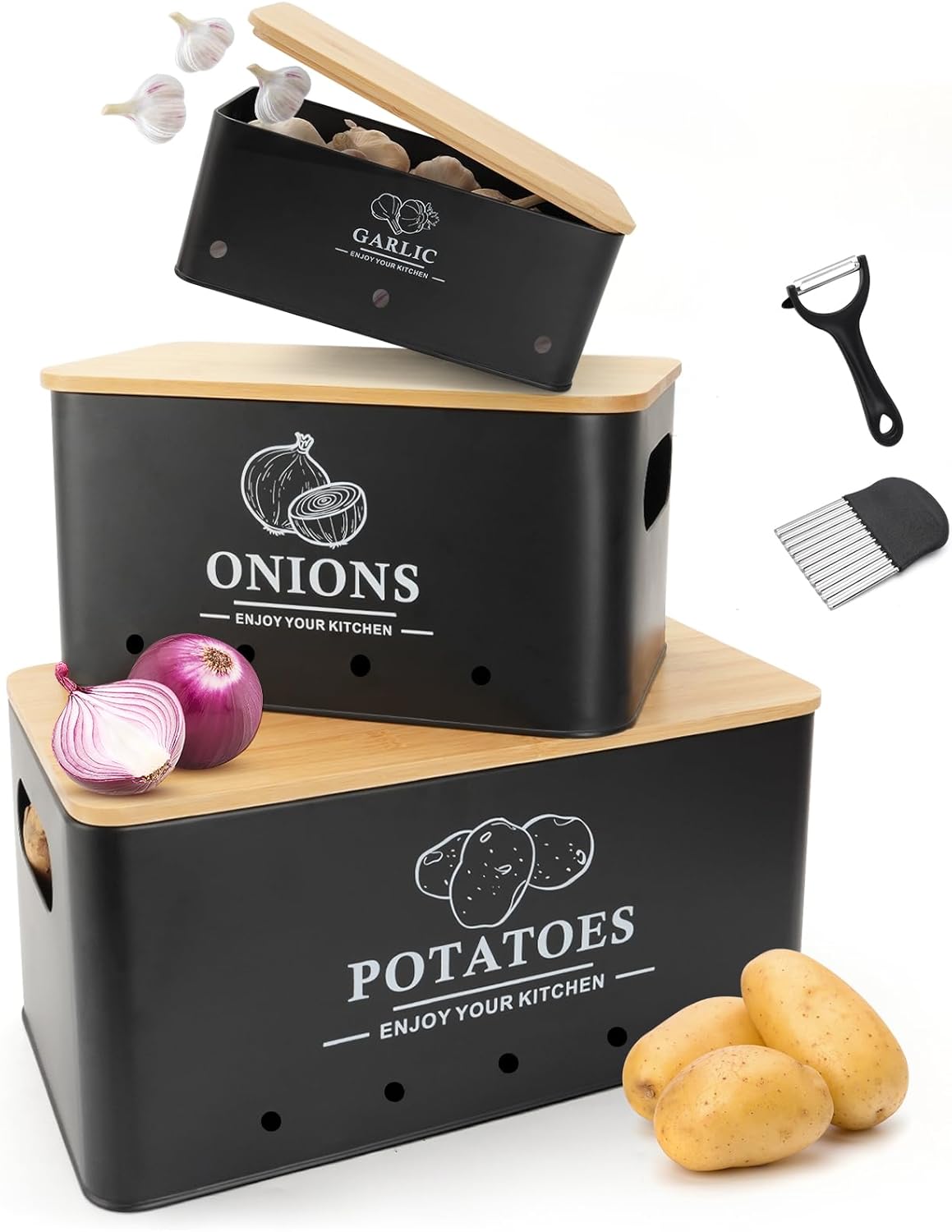Kitchen Vegetable Storage Set of 3, Metal Onion Garlic Potato Storage Set, Kitchen Canisters Vegetable Keeper Containers with Ventilation Holes and Bamboo Lid, Black