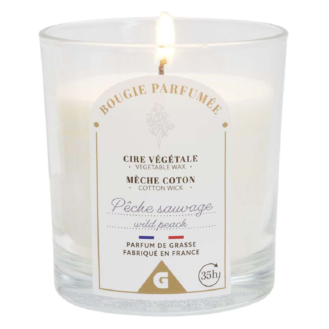 Bougie violette dans verre senteur pêche Ø7xH8cm