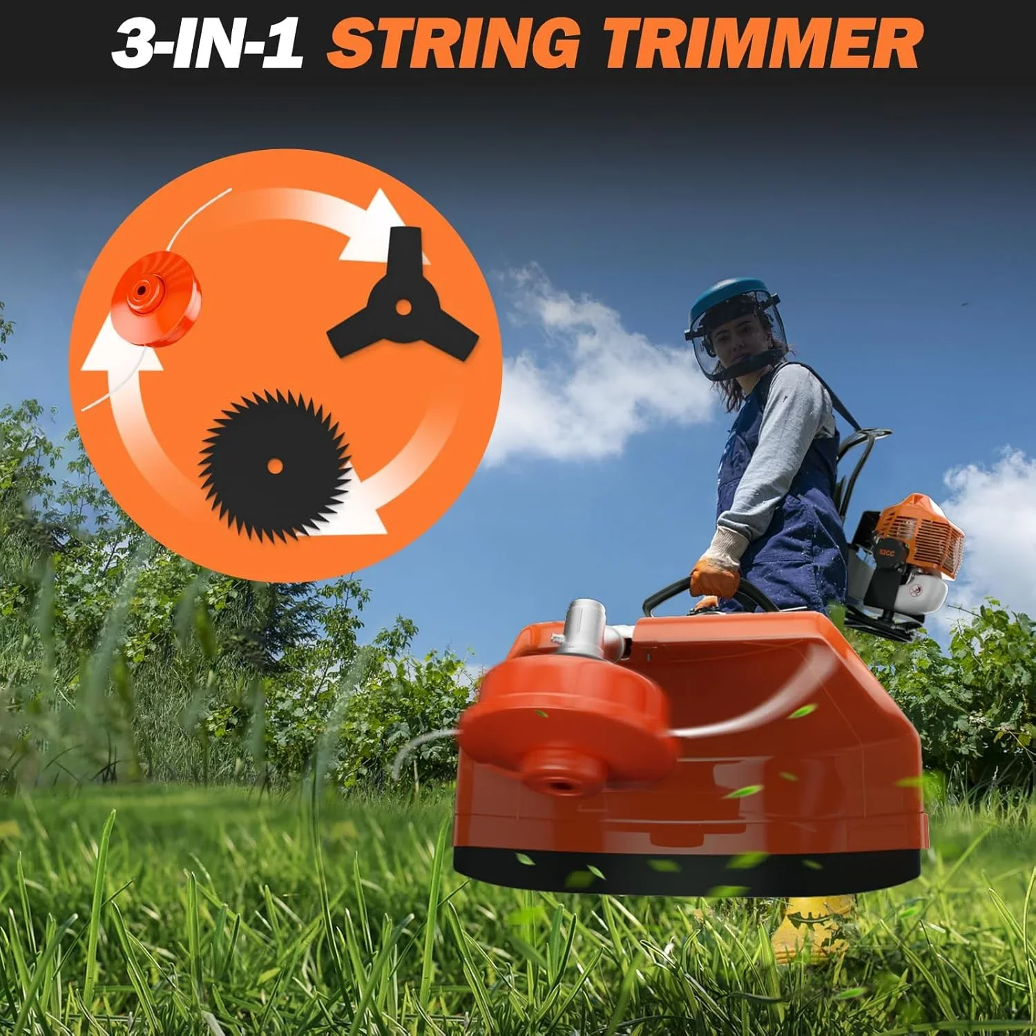 Zhixing 52CC 2-stroke 3-in-1 petrol lawn mower hedge trimmer, multifunctional garden pruning tool with weeder head + hedge blade, powerful lawn and tree trimmer, home gardening care machine
