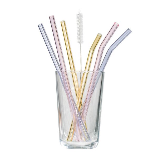 Rainbow sugerør i glass 21,5 cm 6 stk lilla/rosa/gul