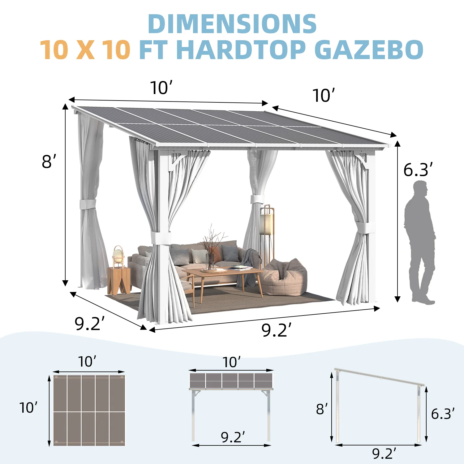 AECOJOY 10'x10' Wall Gazebo with Curtains and Mosquito Netting, White