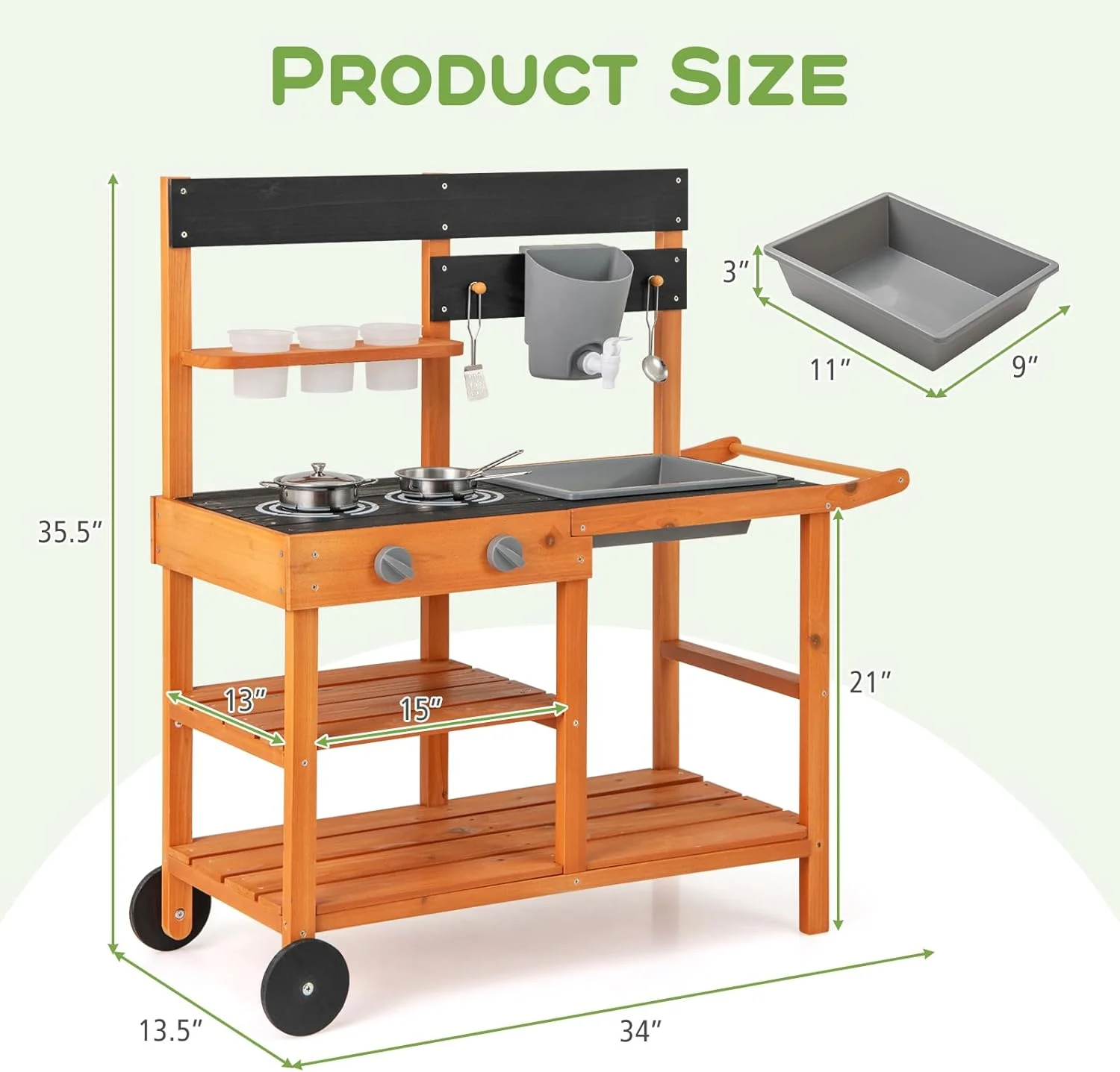Mud Kitchen, Outdoor Play Kitchen with Wheels 3 Cups Removable Sink Cooking Accessories Wooden Kids Kitchen Playset Backyard Garden Toys Gift for Boys Girls Ages 3+(Outdoor/with Wheels) - Image 4
