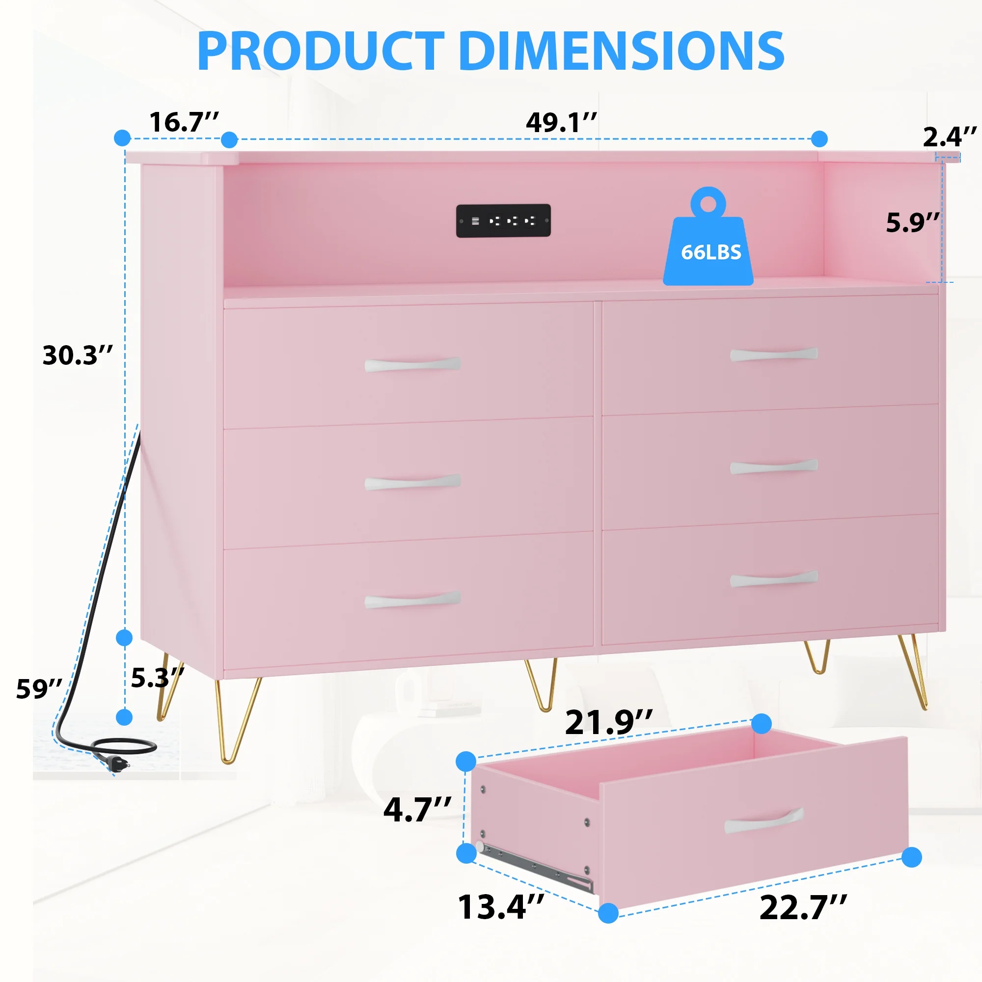 Garvee Dresser for Bedroom 6 Drawer with LED Light & Charging Station, Wooden Dressers and Chests of Drawers with 2 - Tier Open Shelves, Wide Dresser Organizer for Living Room Hallway Entryway, Pink