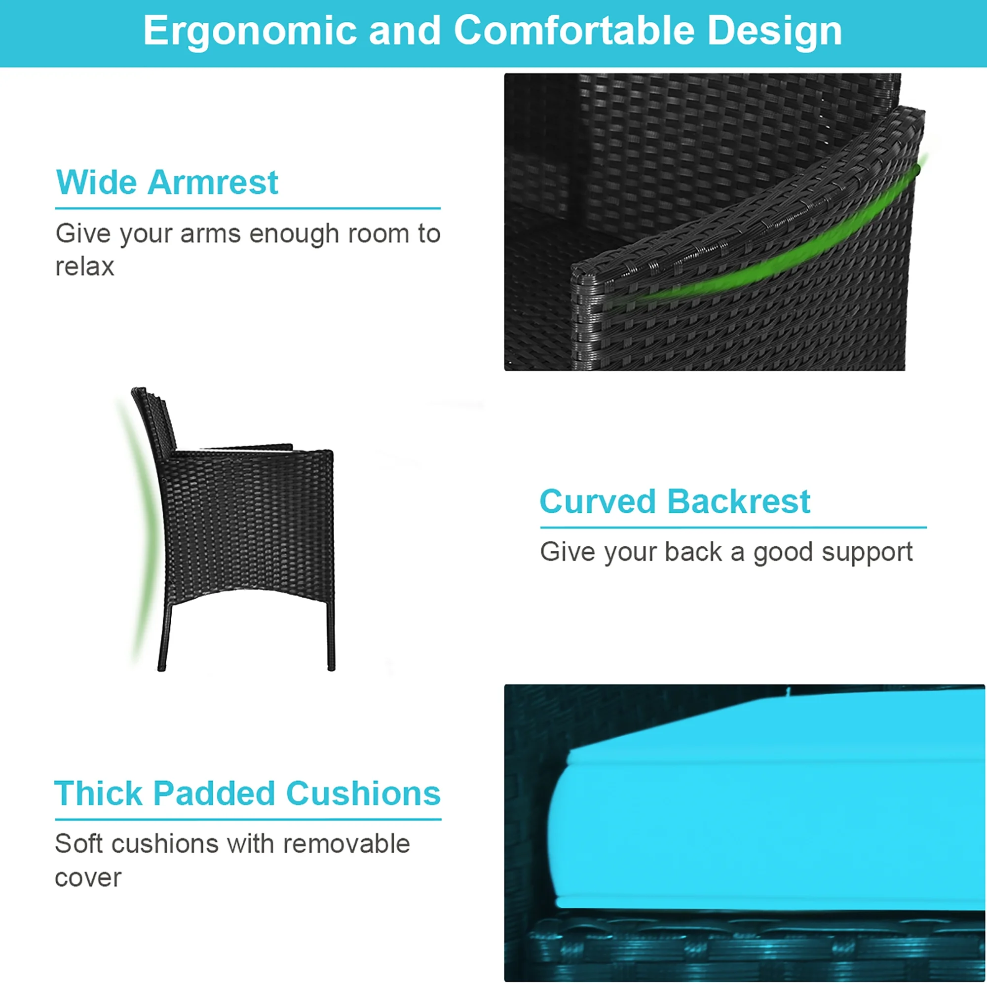 Patio Rattan Conversation Set Seat Sofa Cushioned Loveseat Chairs Turquoise(Turquoise) - Image 8