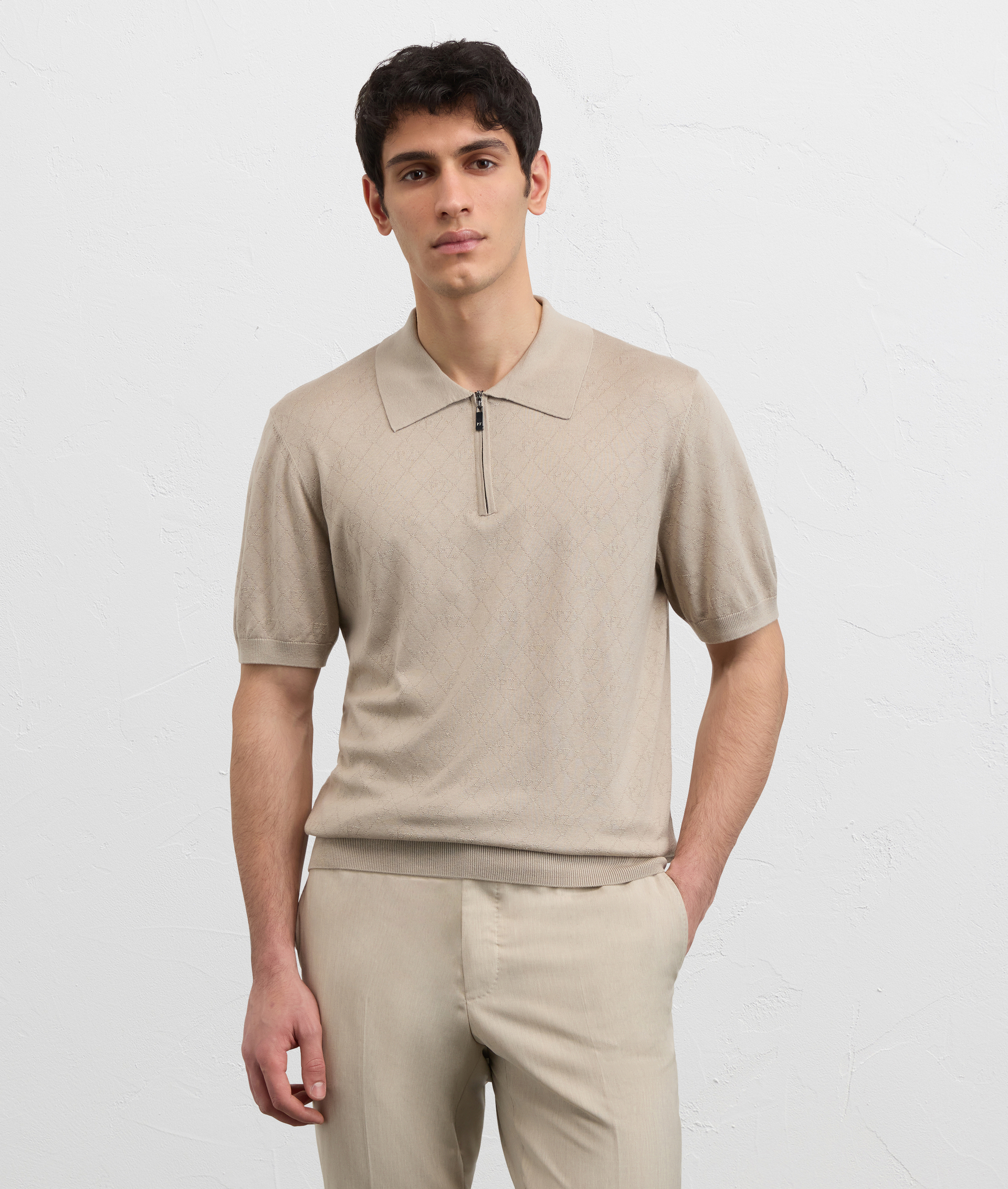 LIGHT BROWN JACQUARD SILK AND COTTON KNITTED SHORT SLEEVED POLO SHIRT