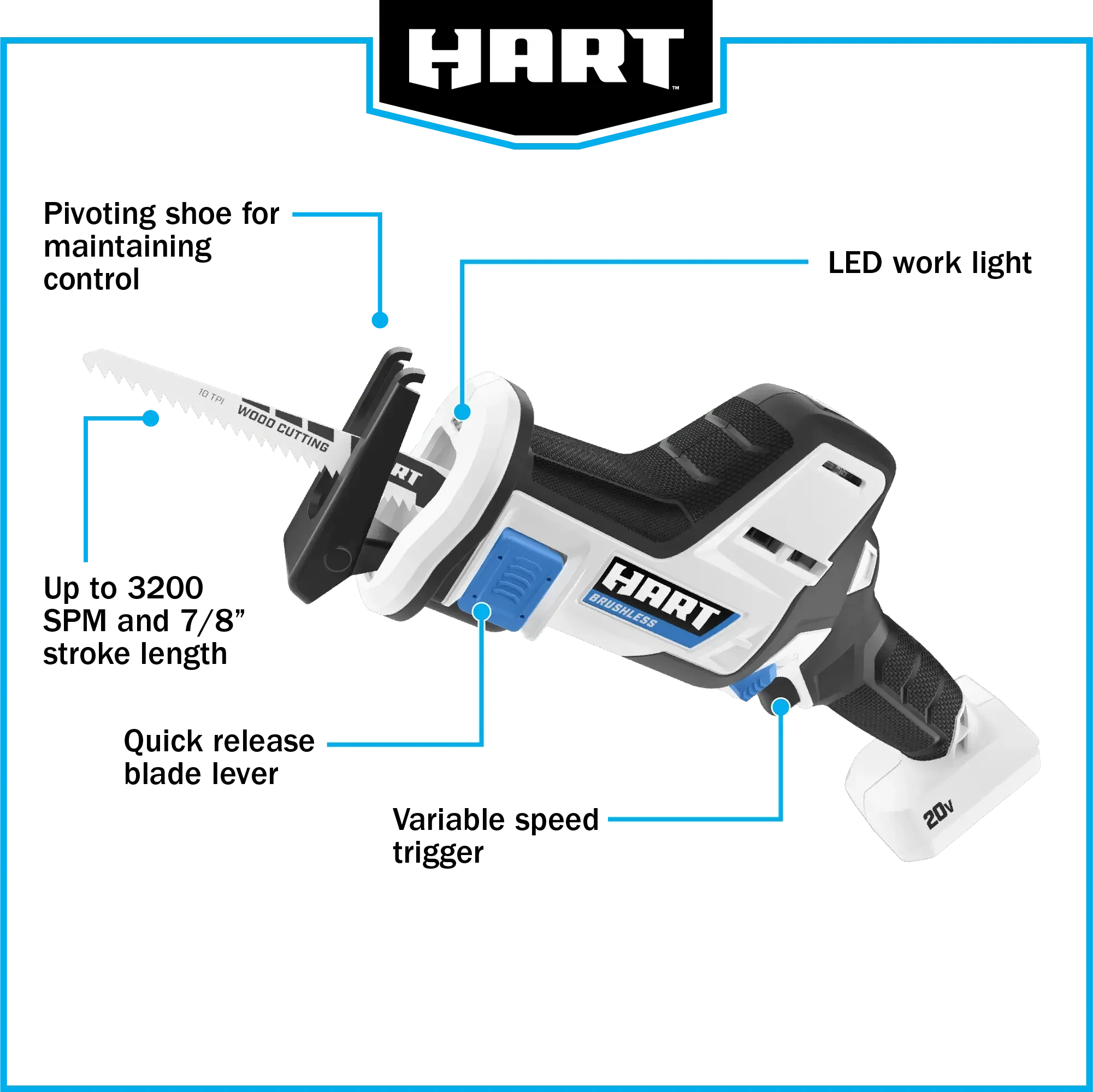 HART 20-Volt Brushless One-Handed Battery-Powered Reciprocating Saw (Battery Not Included)