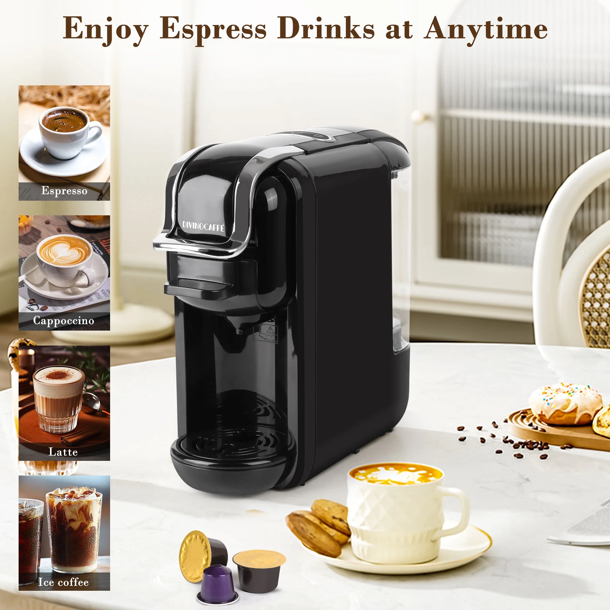Espresso Maker for Nespresso Capsule, Lavazza Blue Capsule & Coffee Powder, 19 Bar Pump Pressure Makes Authentic Espresso Coffee, Mini Espresso Coffee Machines with Removable Water Tank