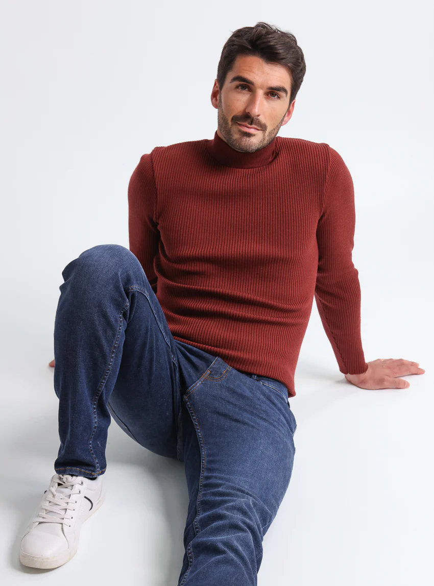 Pull homme 100% laine mérinos rouge terre de sienne