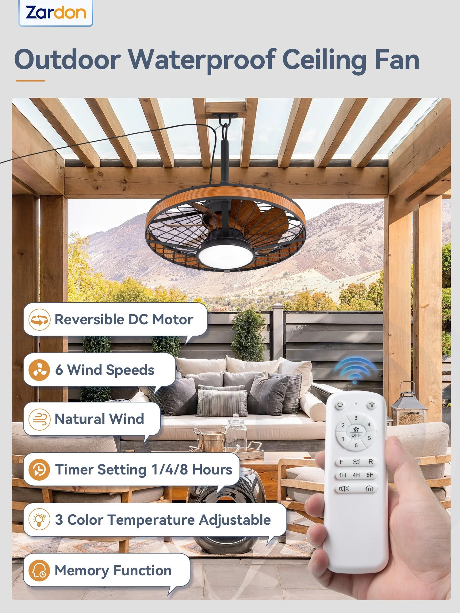 20" Outdoor Ceiling Fan with Light and Remote, 7 Blades Caged Waterproof Gazebo Fan for Patio, Porch, Pergola Canopy, App Control(Caged A) - Image 8
