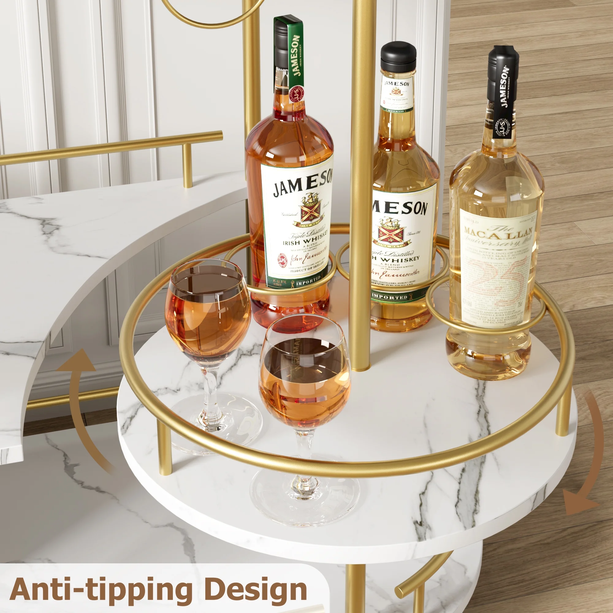 Bar Serving Cart, 3-Tier Storage Shelves Wine Rack and Glass Holder, Golden White - Image 4