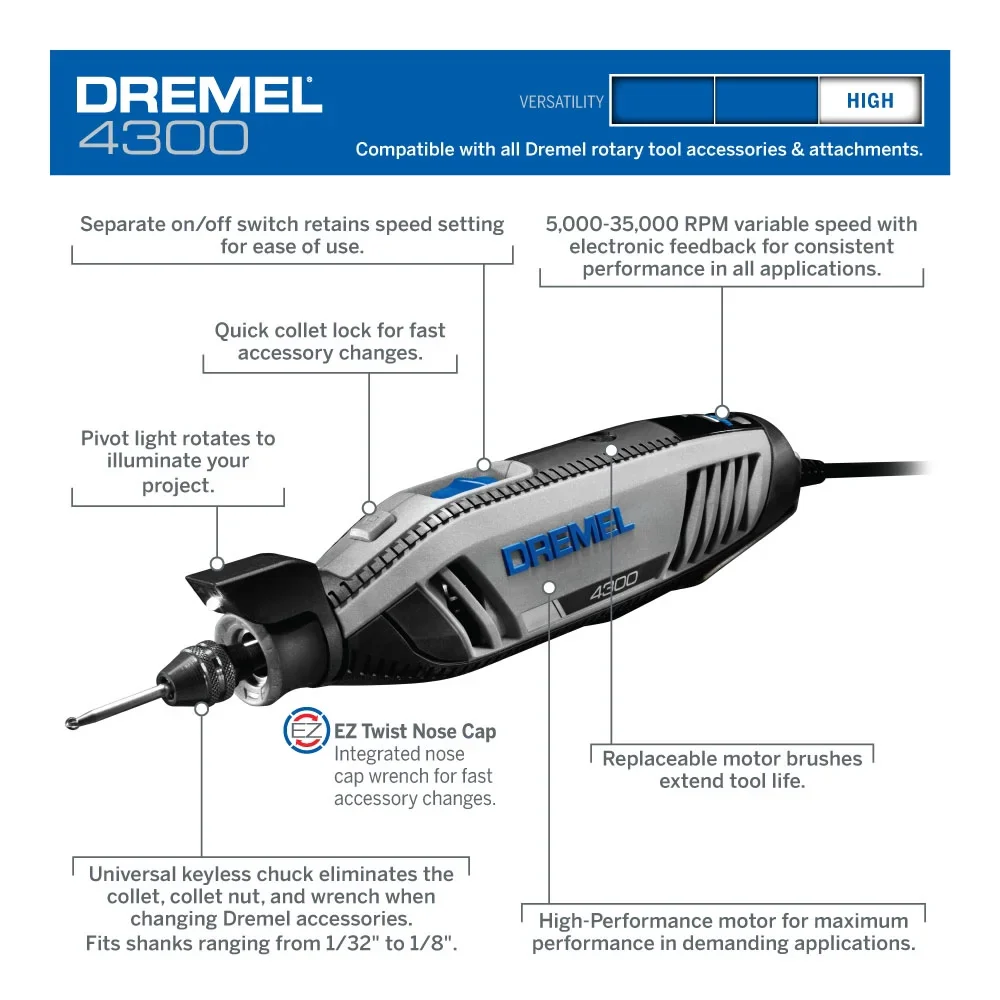 Dremel 4300-9/64 Platinum Edition Corded Rotary Tool, Variable Speed with 9 Dremel Tool Attachments, 64 Accessories, Storage Organizers & Dremel Tool Case, 1.8A/120V
