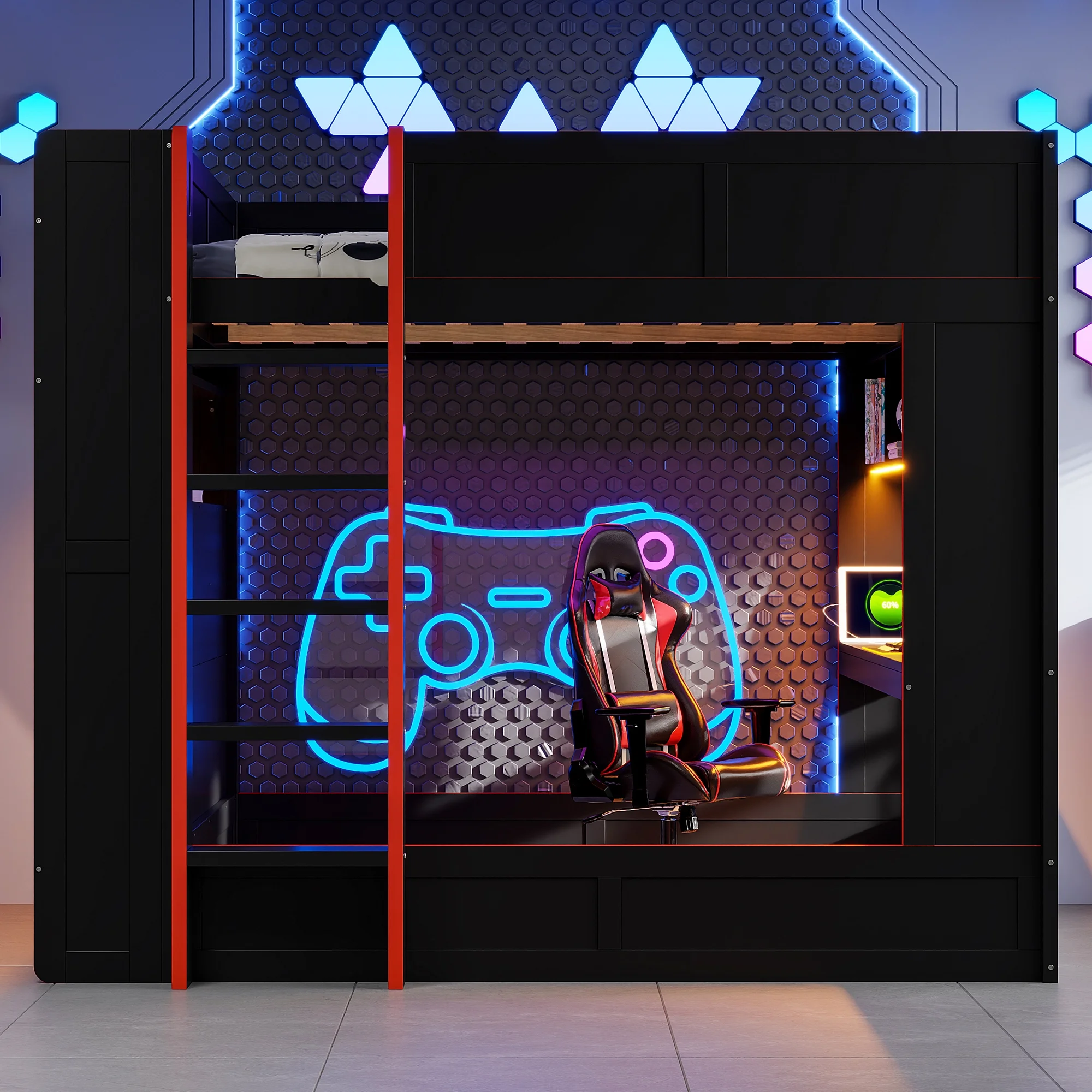 Wood Full Size Loft Bed with Desk and Shelves, Gaming Bunk Bed with LED Light and USB Charging, Black(Black) - Image 3