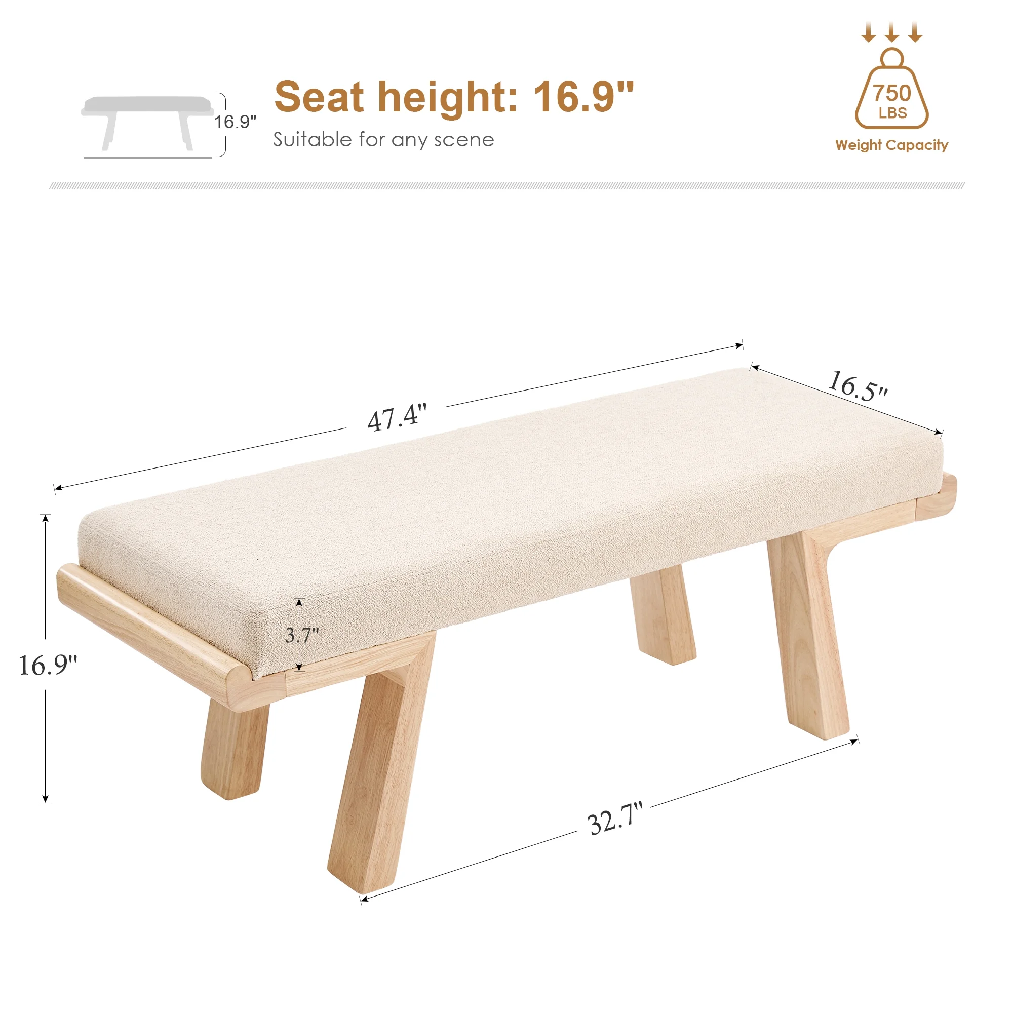 47.4" Linen Upholstered Bench, Entryway Bench with Solid Wood Legs, Modern Ottoman Bench for Living Bedroom Room, Beige(Beige) - Image 4