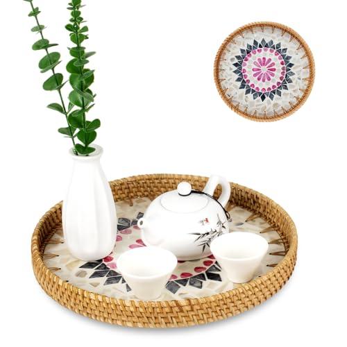 Rattan Round Tray For Table Decor 11.81 Inch, Hand Woven Coffee Table Serving Tray Wicker Serving Basket With Mother Of Pearl Inlay,Round