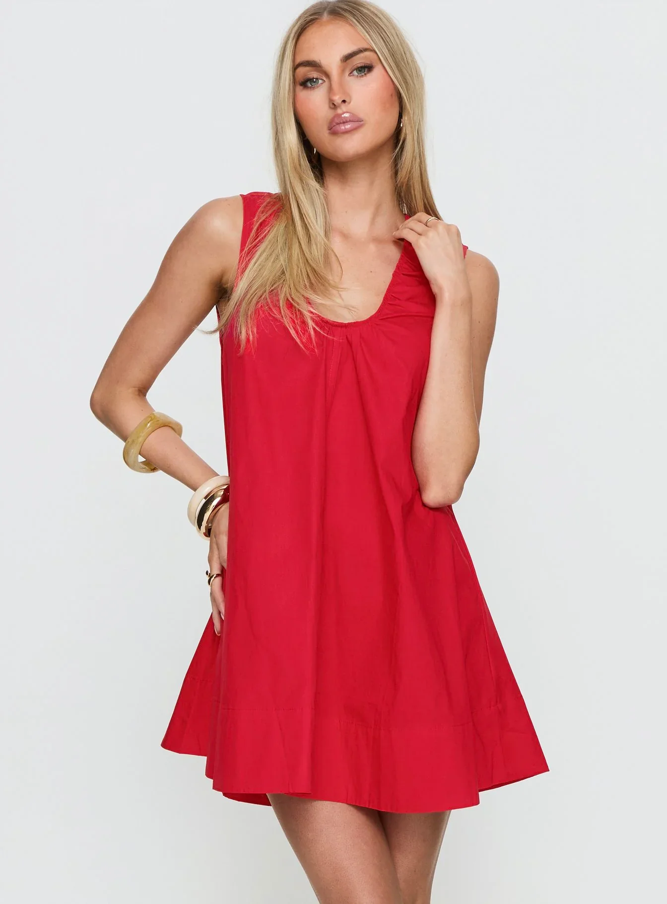 Eberta Ruched Baby Doll Mini Dress Red