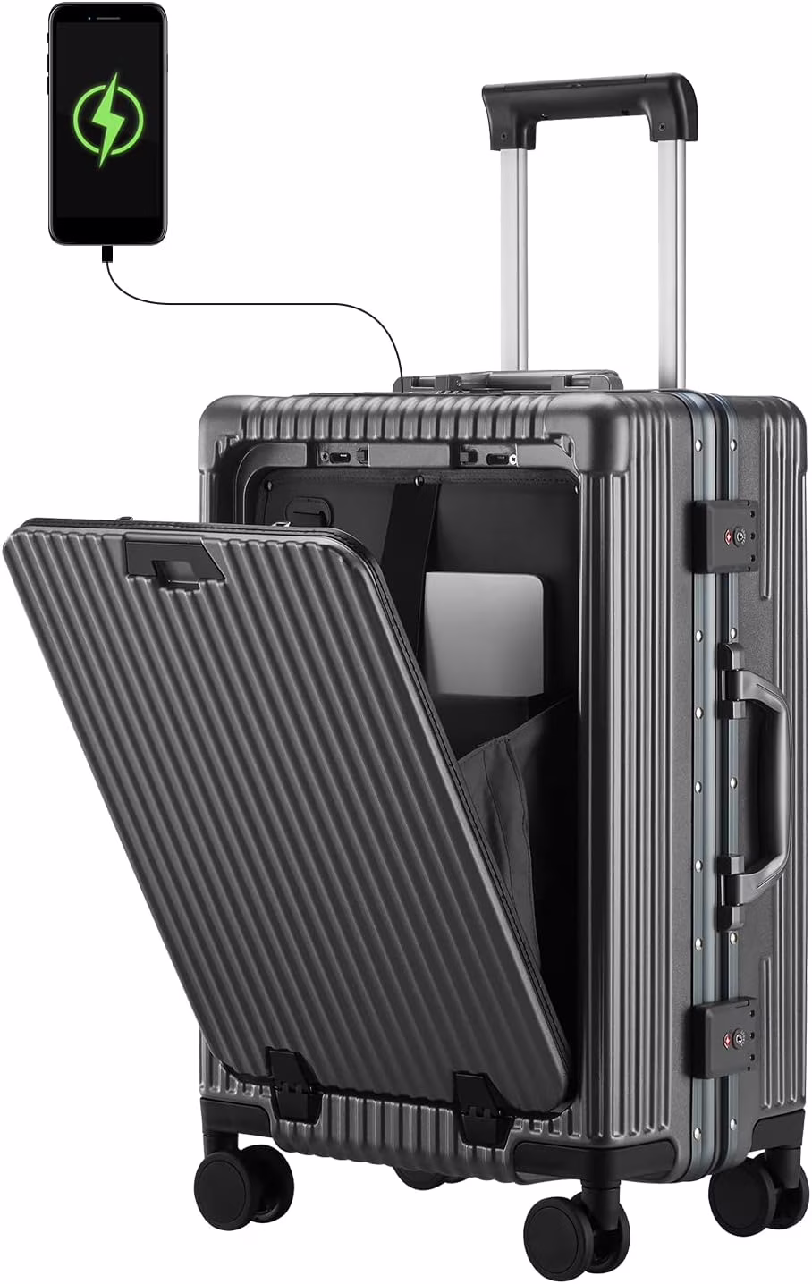 Carry-On Luggage with USB Charging Port, Front Compartment, TSA Lock, Airline Approved Carry On Hardside Suitcase with Spinner Wheels (Grey, 20inch)(Grey)