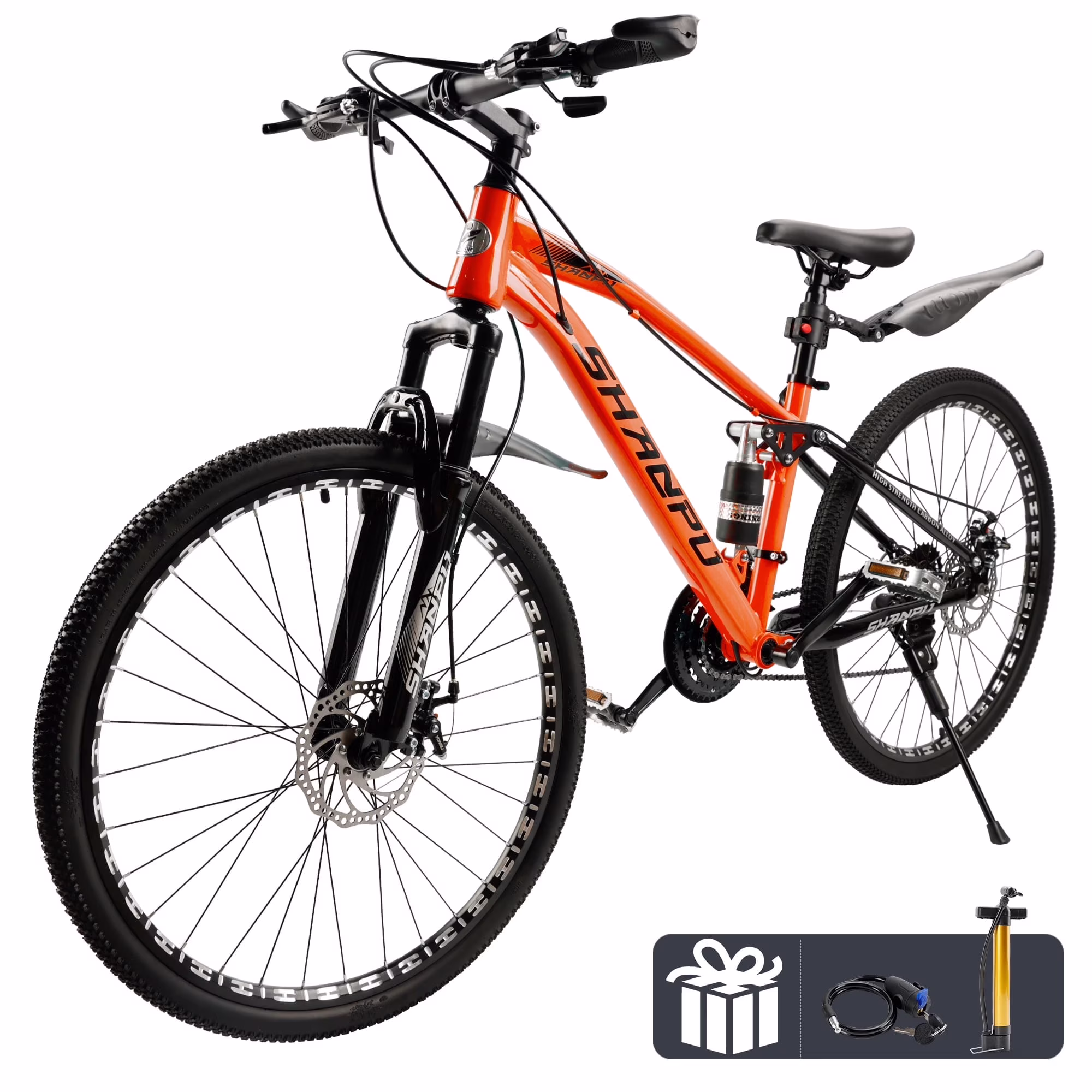 ARTUDATECH 26 Inch Wheel Full Suspension Mens Mountain Bike, Shimano 21 Speed,  Dual Disc Brake Bike for Men Womens Adult Bicycle With Bike Lock And Air Pump, orange