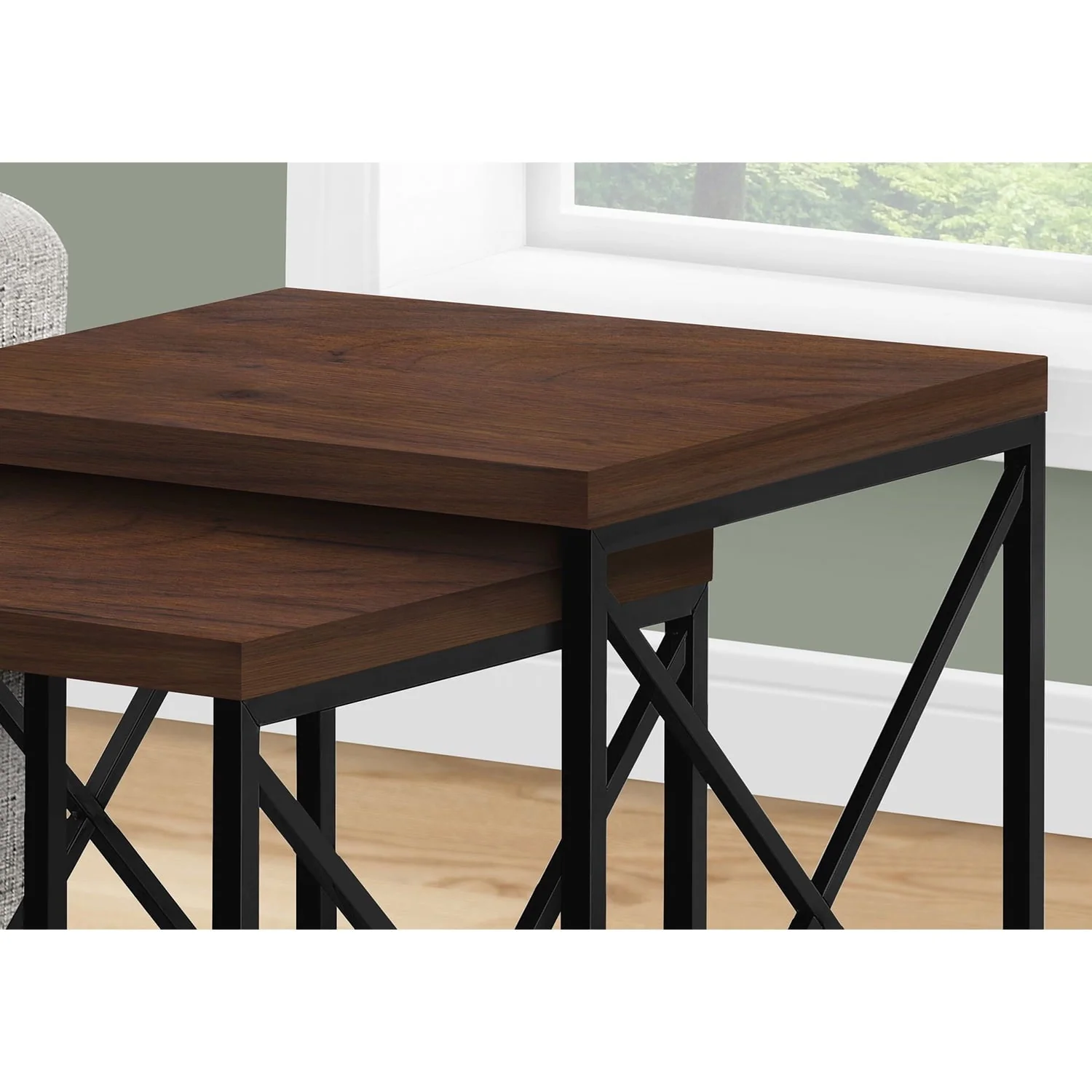 Monarch Specialties 2 Piece Square Metal Nesting Table Set, Cherry/Black(Brown) Image 3