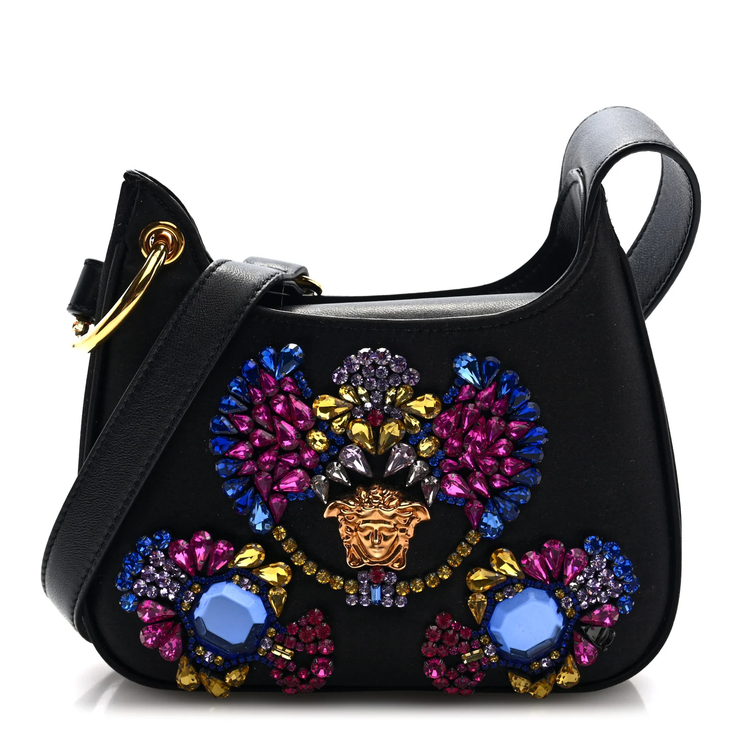 Satin Crystal Embellished La Medusa Mini Hobo Bag Black Multicolor