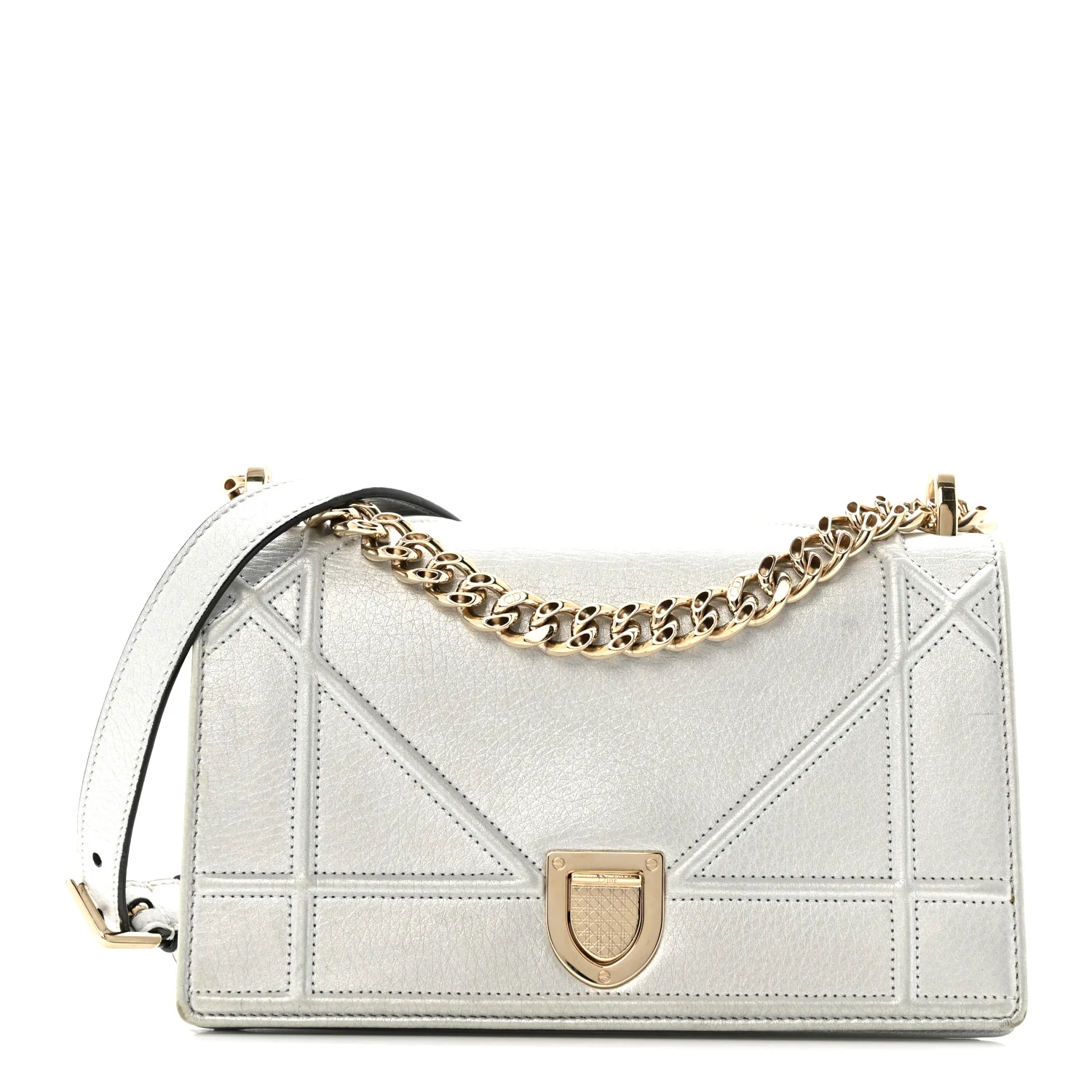 Metallic Grained Calfskin Diorama Wallet on Chain Pouch Silver