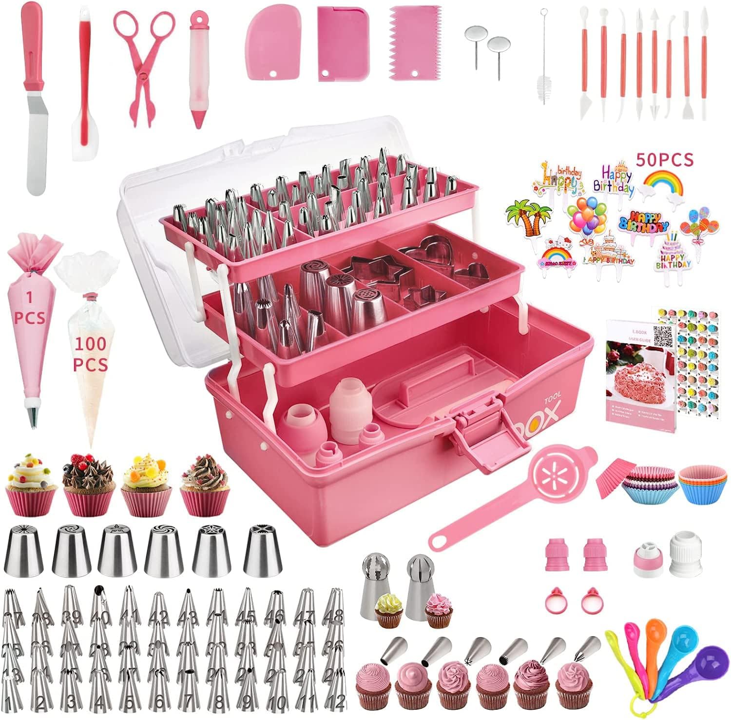 Cake Decorating Supplies Tools Kit: 358pcs Baking Accessories with Storage Case - Piping Bags and Icing Tips Set - Cupcake Cookie Frosting Fondant Bakery Set for Adults, Beginners or Professionals, Pink