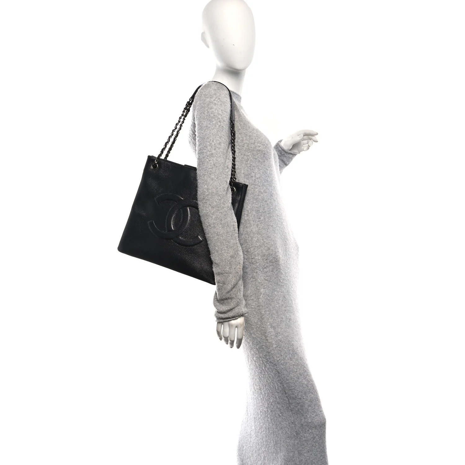 Iridescent Calfskin CC Large North South Shopping Tote Black