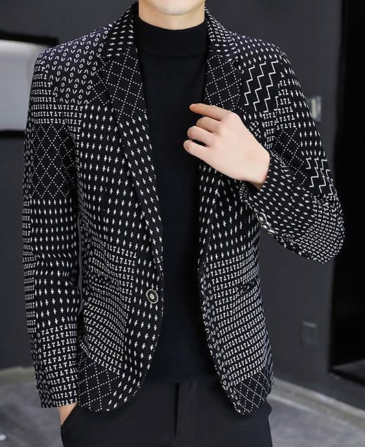 Blazer épais noir décontracté à imprimé graphique aléatoire et col à revers rapportés