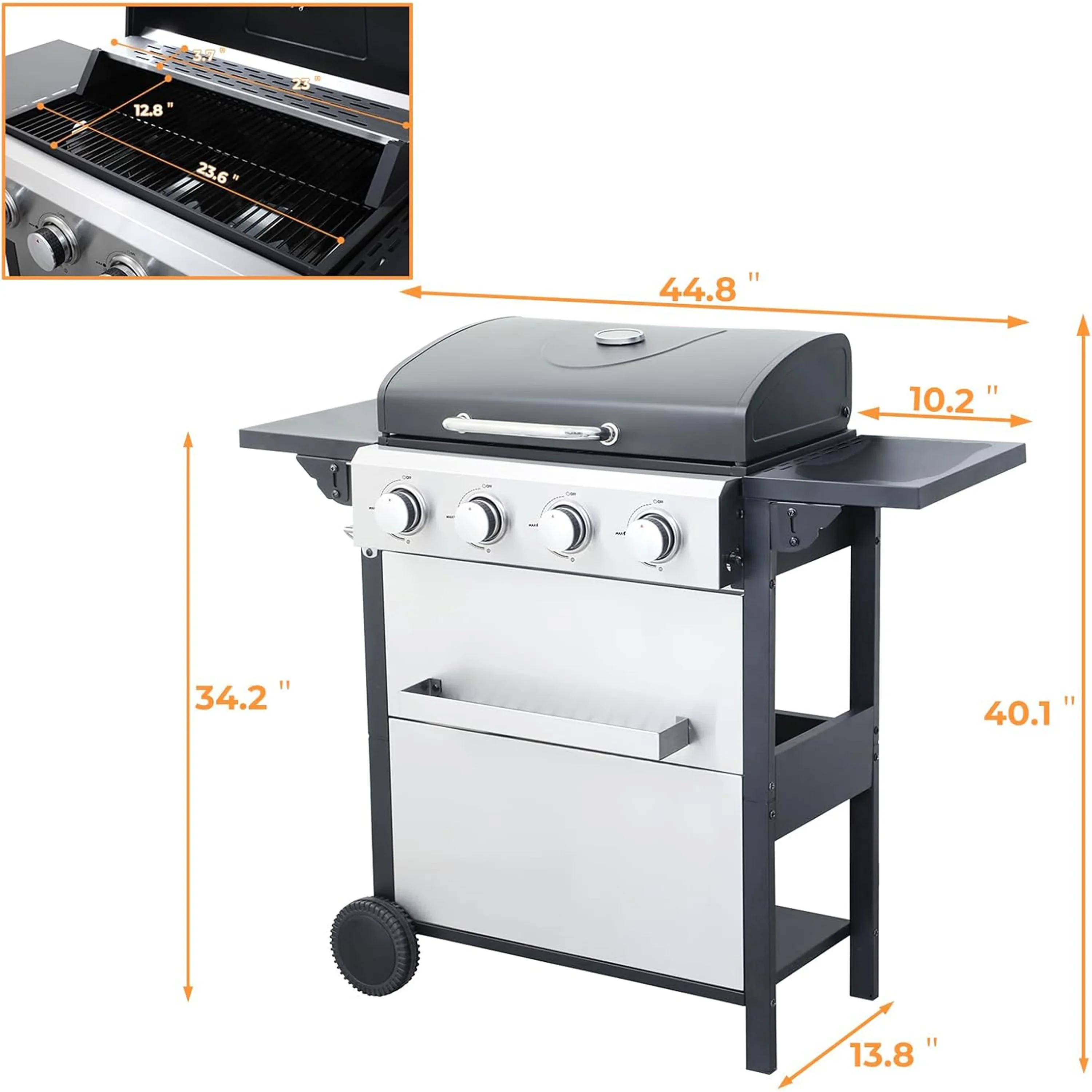 Furnibear 4 Burner BBQ Propane Gas Grill, Stainless Steel 34,000 BTU Patio Garden Barbecue Grill with Two Foldable Shelves
