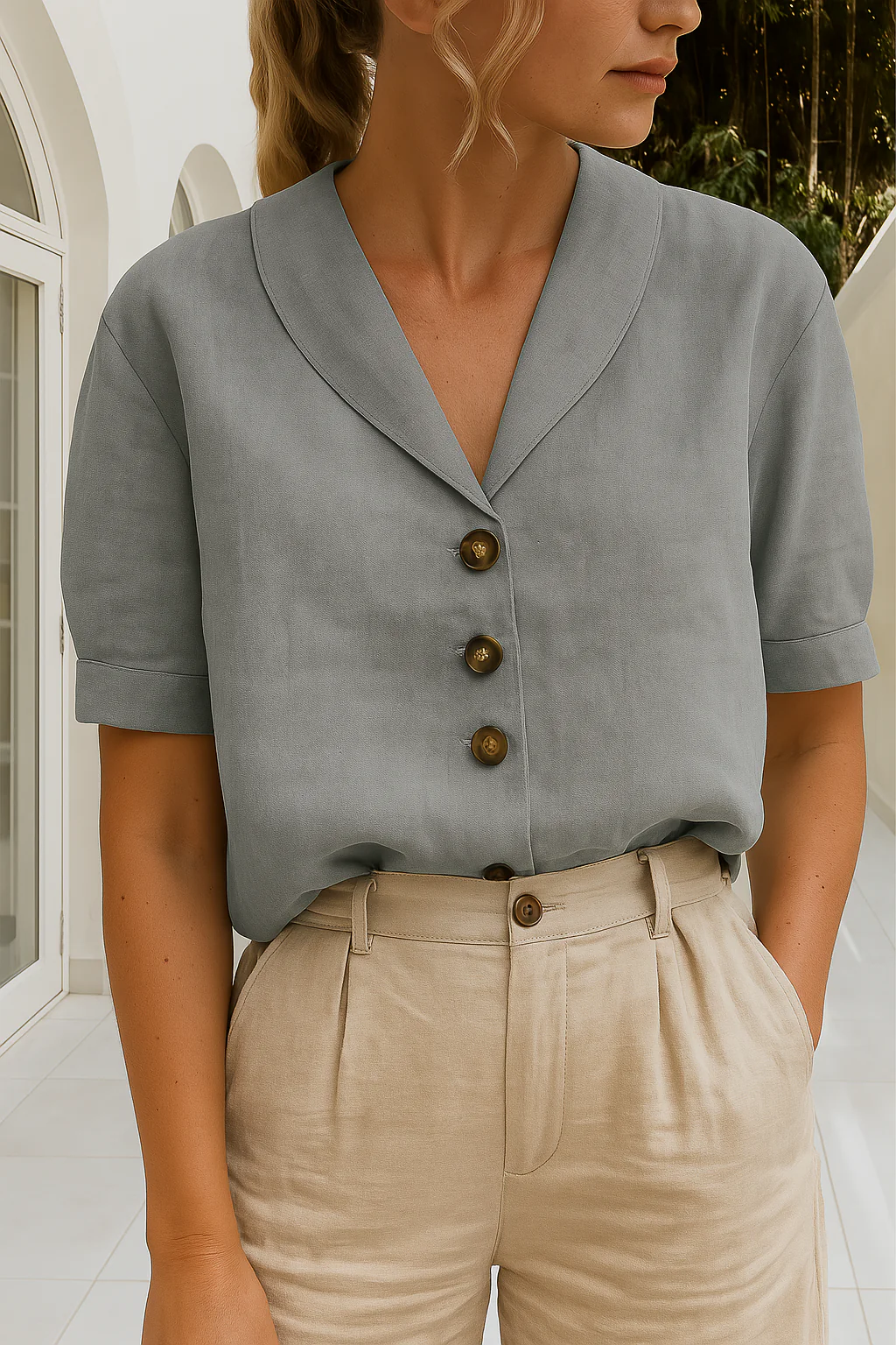 Blouse femme manches courtes avec col foulard et détails à boutons