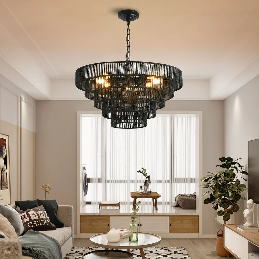 ACE-LIGHTS,Rustic 4-Tier Height Adjustable Hemp Rope Chandelier(Bulb Not Included),Pendant Light,Handmade Tiered Boho Ceiling Light Fixture for Living,Dining Room,Kitchen,Foyer(Black��