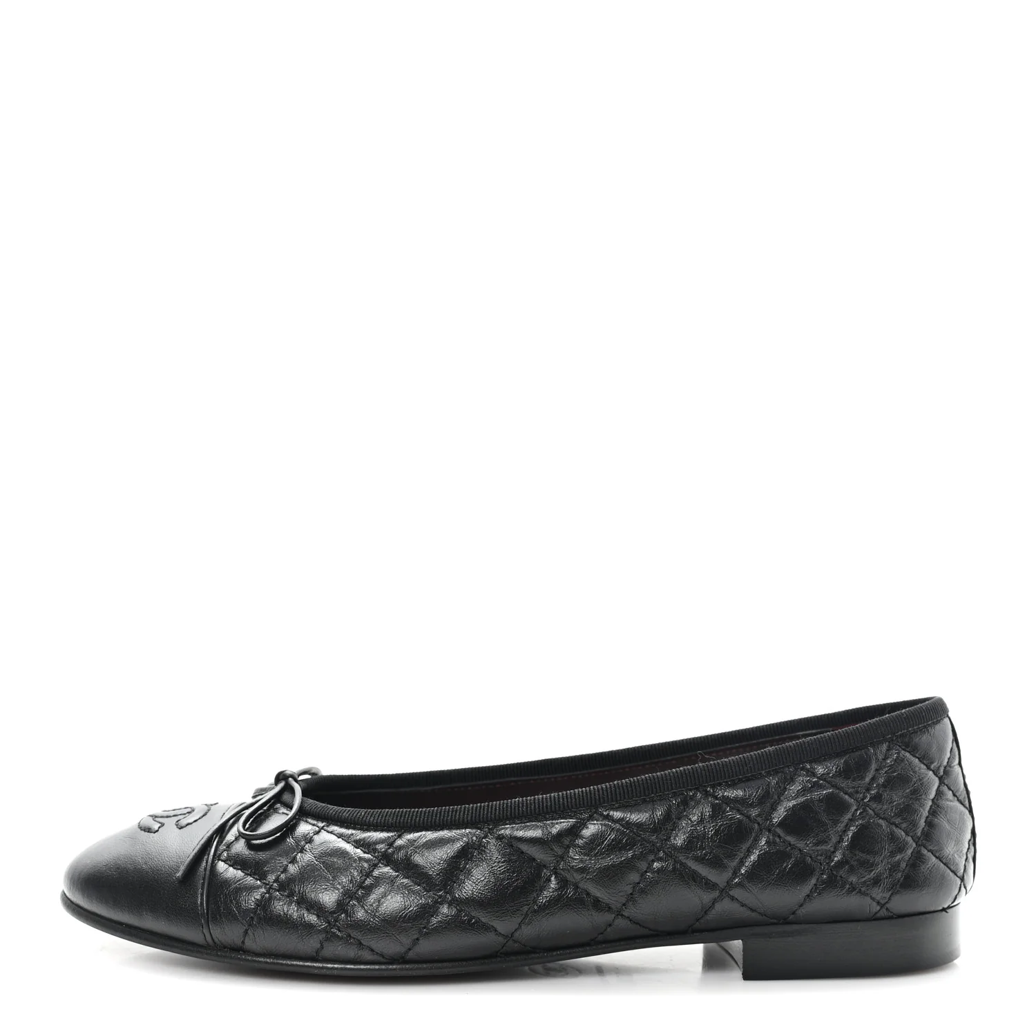 Aged Calfskin Quilted CC Cap Toe Ballerina Flats 37.5 Black