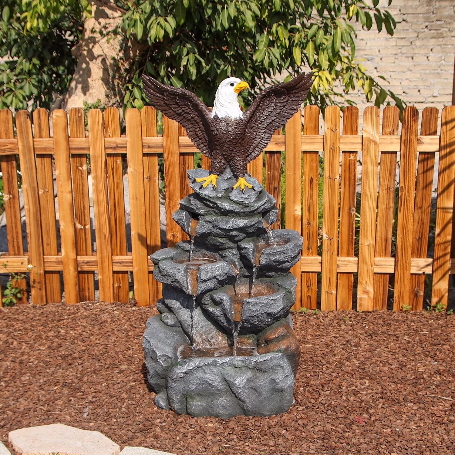 Bald Eagle Statue Outdoor Fountain Tiered Cascading Rock Water Feature for Garden Patio Backyard Porch Deck 38.58 Tall Outdoor Waterfall Sculpture Elegant Garden Decor