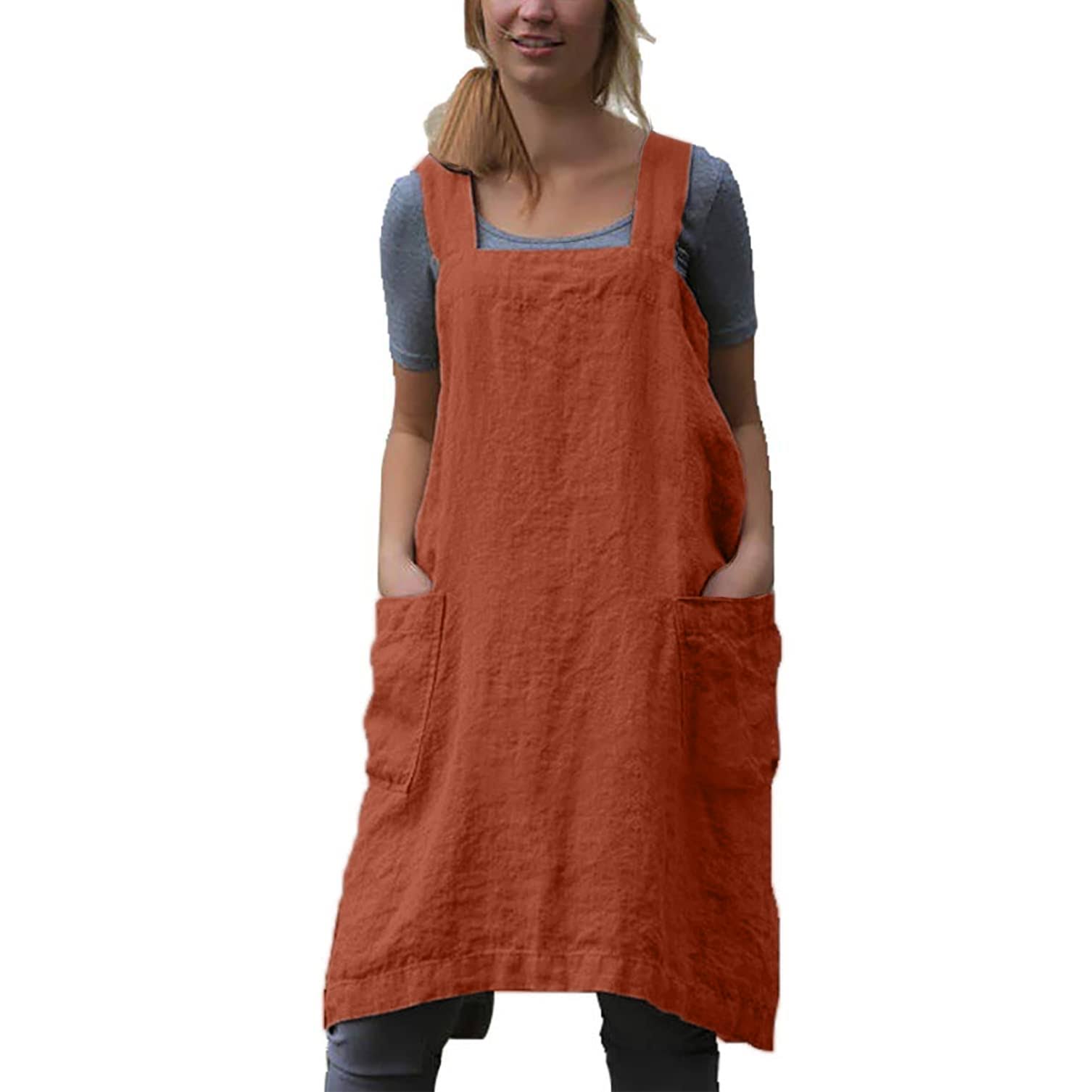 YESDOOD Cotton Linen Apron Cross Back Apron for Women with Pockets Pinafore Dress for Baking Cooking