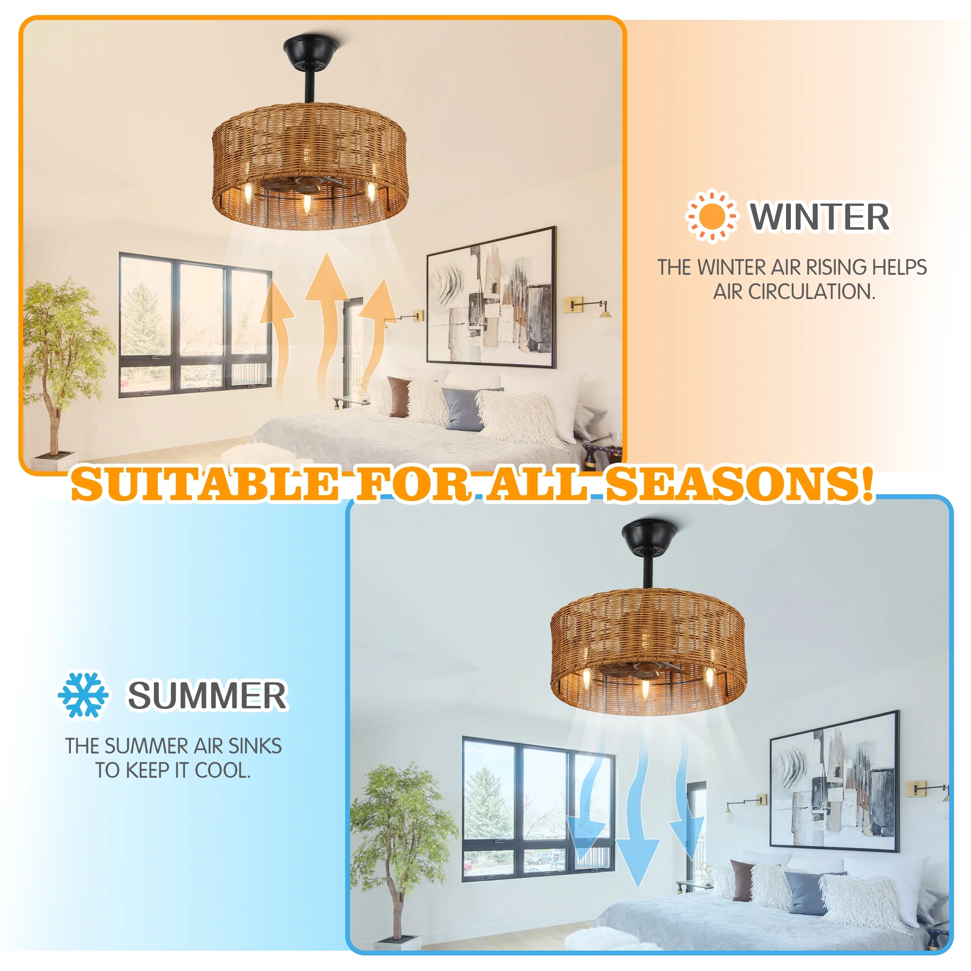 6-Light Bohemian Rattan-Woven Drum Ceiling Fan with Light and Remote Control, Bella Depot Black 3-Speed Chandelier