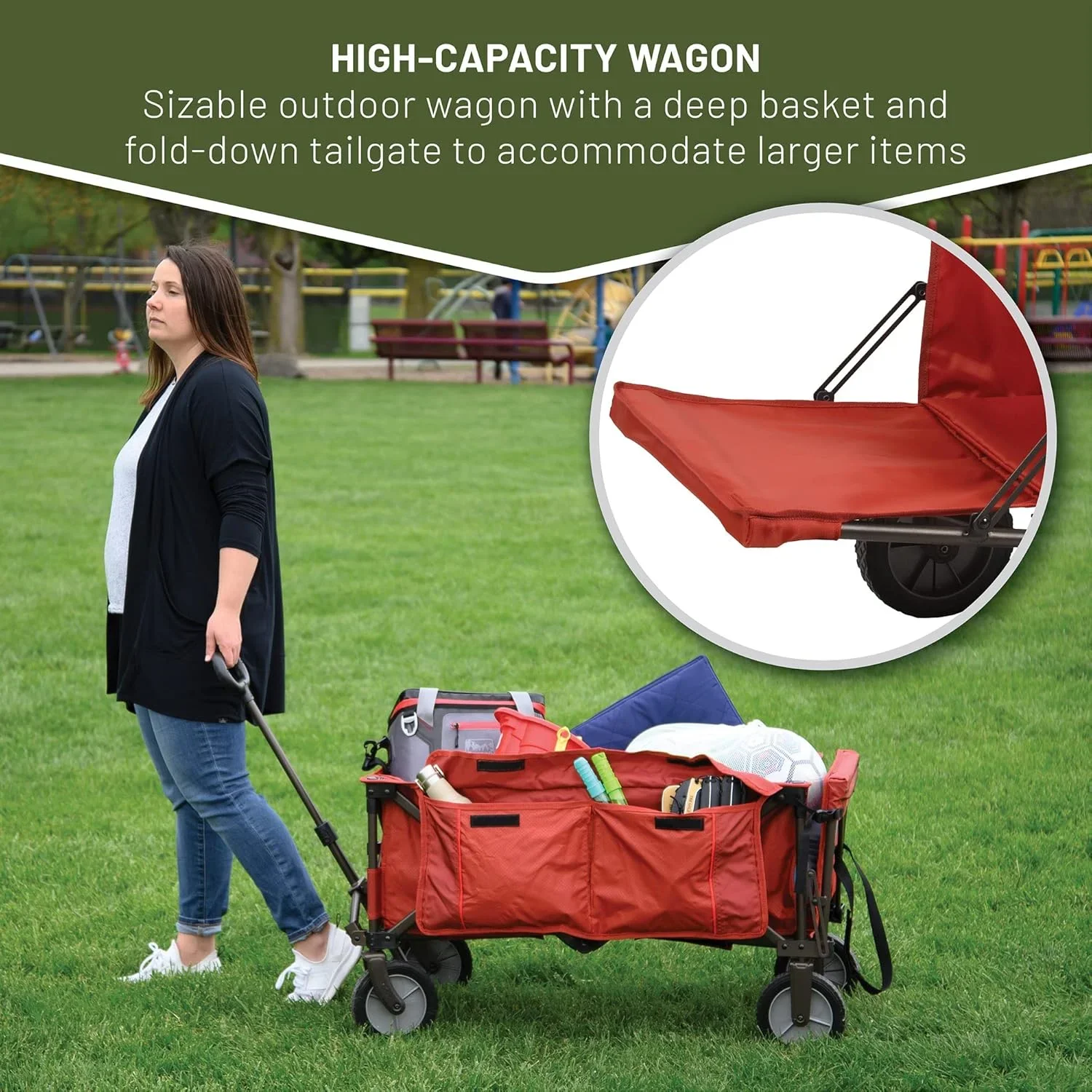 TIMBER RIDGE Tailgate Collapsible Folding Wagon Cart, Heavy Duty Utility Push Pull Beach Wagon Foldable, Outdoor Grocery Cart with Side Pockets for Camping, Garden, Shopping, Holds 225 lbs, Red