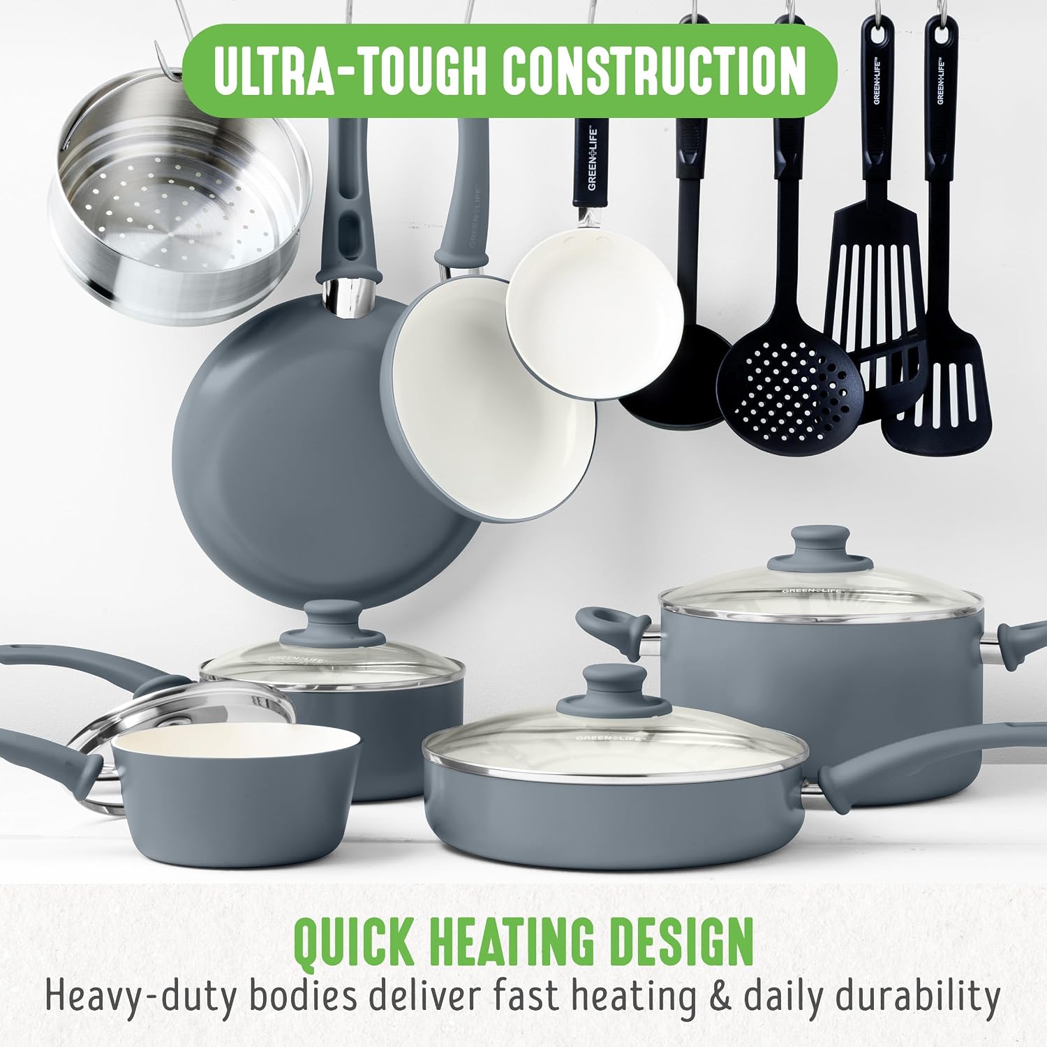 GreenLife 16 Piece Ceramic Nonstick Pots & Pans Cookware Set, Gray