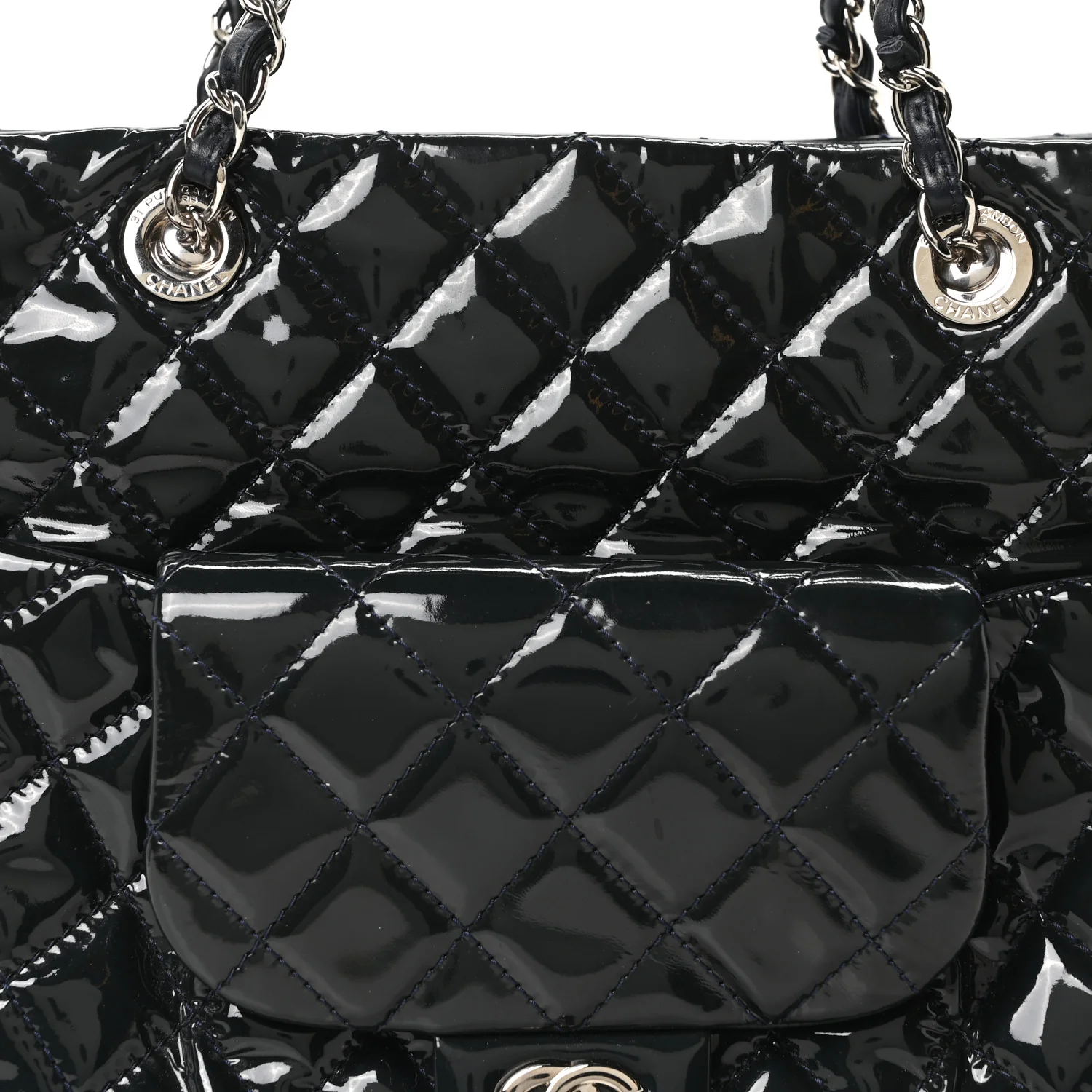Patent Quilted Large Coco Shine Shopping Tote Navy